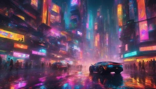 Immerse yourself in a vibrant cyberpunk metropolis, where towering skyscrapers pierce the night sky, their facades ablaze with neon hues. Futuristic vehicles zip through the rain-soaked streets, reflecting a kaleidoscope of colors on the pavement. Holograms flicker above bustling markets, while diverse figures clad in glowing attire navigate through the chaotic yet mesmerizing urban landscape, embodying the spirit of a high-tech, dystopian future.