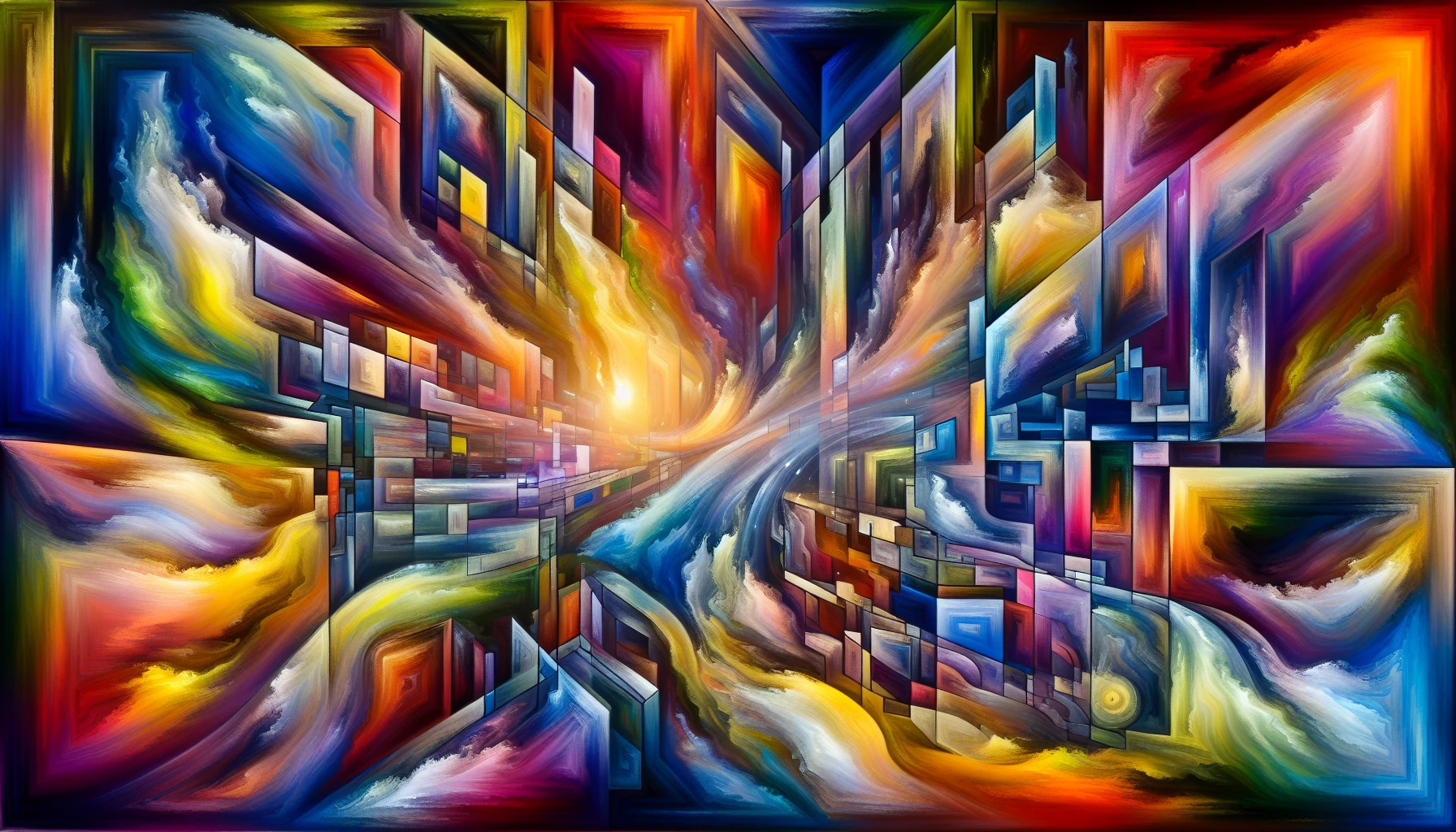 Imagine a vibrant canvas where colors collide in a symphony of emotions. Geometric shapes twist and blend with organic forms, creating a dreamlike landscape that challenges perception. Ethereal light dances across the surface, casting shadows that elongate and warp reality. Each stroke invites contemplation, beckoning viewers to unravel the mystery within, while whispers of existential themes resonate through the harmonious chaos of this conceptual masterpiece.