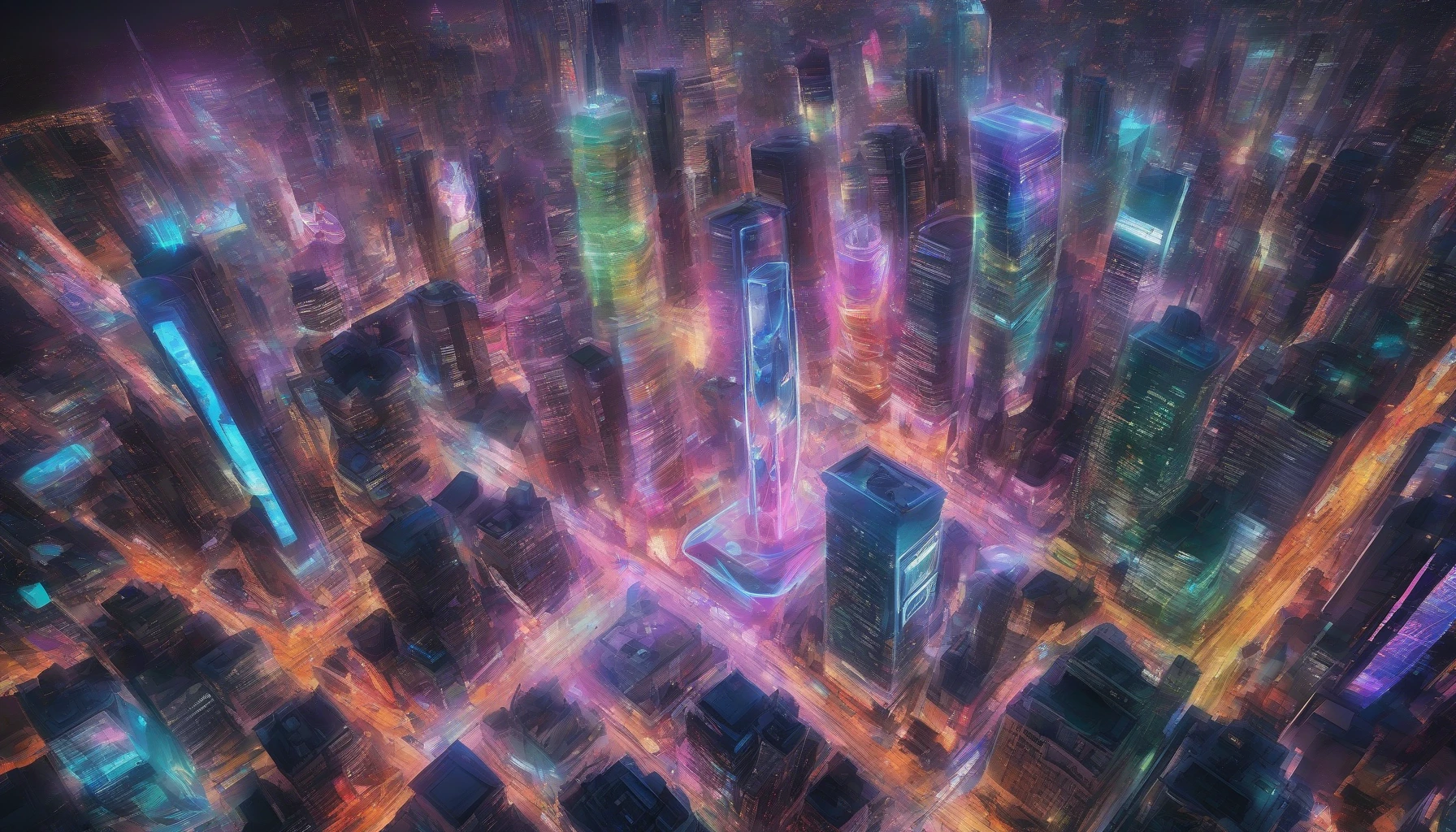 Imagine a bustling metropolis at night, where towering skyscrapers are adorned with massive, vibrant holographic advertisements that pulse and shimmer. The air is alive with the colors of neon lights reflecting on glistening streets, and diverse crowds weave through the bustling thoroughfares. Above, drones zip by, capturing the energy of the city, while a colossal 3D hologram of a dazzling product showcases the future of advertising in this urban wonderland.