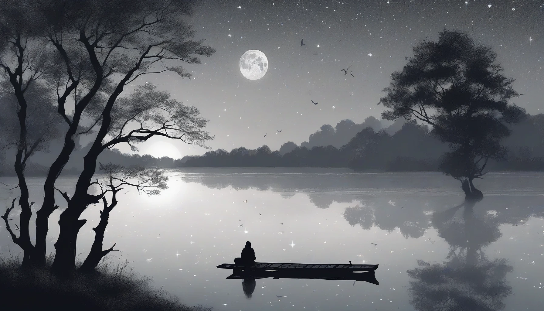 A tranquil scene unfolds under a vast, starry sky, where a silvery moon casts gentle beams on a serene lake, creating a shimmering path of light. Silhouetted trees frame the water's edge, their leaves whispering softly in the night breeze. A solitary figure sits by the lake, lost in thought, surrounded by a blanket of silence that invites deep introspection and peace amidst the celestial beauty.