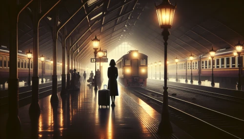 Capture a poignant scene at a dimly lit train station, where a lone figure stands on the platform, suitcase in hand, gazing wistfully at an approaching train. Soft, golden light spills from the station's old-fashioned lamps, illuminating their tear-streaked face. Surrounding them, blurred shadows hint at other travelers, blending into the serene yet sorrowful ambiance of parting and longing.