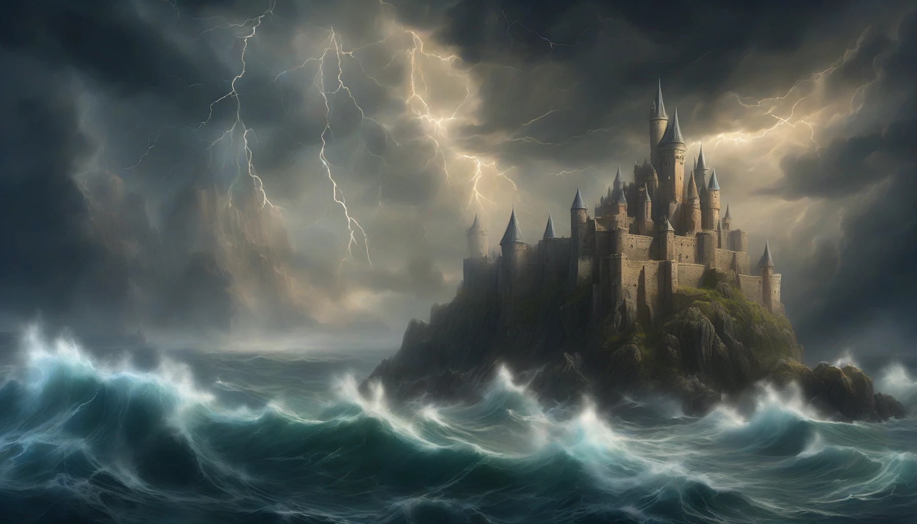 A majestic floating castle looms above tumultuous seas, surrounded by dark, swirling storm clouds crackling with electric energy. The castle, adorned with shimmering spires and ancient stone walls, is illuminated by flashes of lightning, highlighting its ethereal beauty and formidable presence. Below, towering waves crash against invisible cliffs, while winds howl like wild spirits, creating an atmosphere of both awe and danger in this mystical landscape.