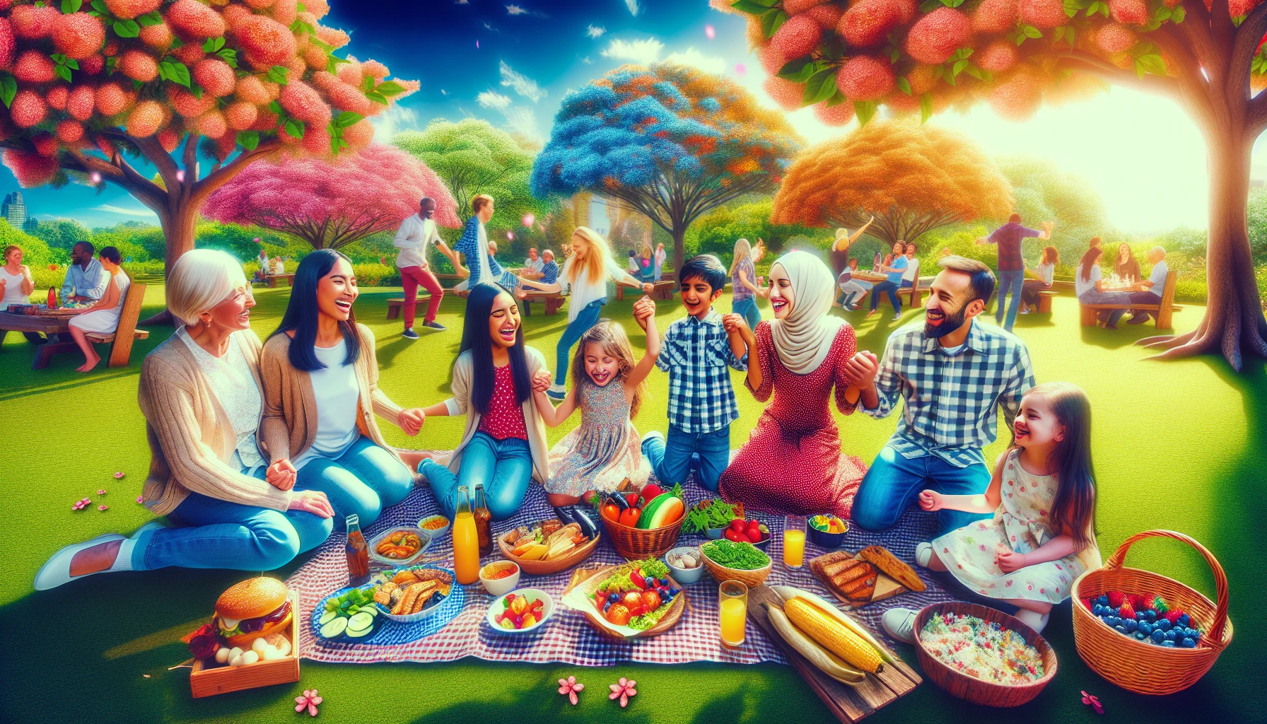 Create an evocative scene depicting a diverse family enjoying a vibrant picnic in a sun-drenched park. Capture the laughter of children playing, the warmth of parents sharing stories, and the delicious spread of homemade treats laid out on a checkered blanket. Surround them with blooming flowers, shady trees, and a clear blue sky, illustrating the joy and connection that define a rich family experience.