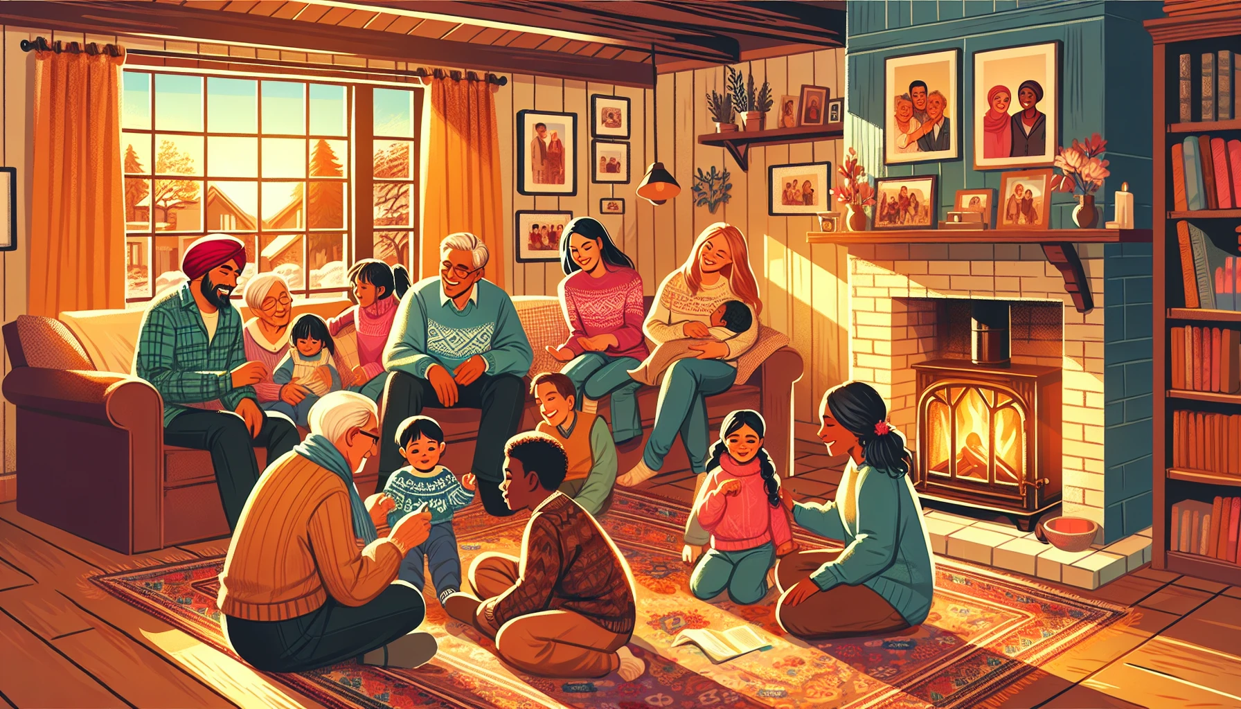 Capture an intimate scene of a multi-generational family gathered in a warm, sunlit living room, sharing stories and laughter. Picture vibrant colors enveloping the space, with children playing on the floor and grandparents reminiscing on the couch. A cozy fireplace crackles nearby, while family photos adorn the walls, telling a story of love and togetherness. The atmosphere is filled with joy, warmth, and connection, reflecting the essence of family life.