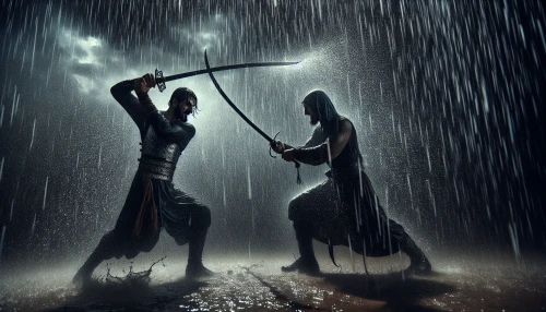 A fierce swordsman confronts his rival amid a torrential downpour, blades glinting as they clash in a dance of power and precision. Each strike sends droplets flying, creating a mesmerizing spectacle of swords cutting through the rain. The darkened sky looms ominously overhead, while flashes of lightning illuminate their fierce expressions. The ground beneath them turns to mud, heightening the intensity of this epic duel in nature’s fury.