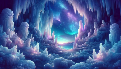 Step into a mesmerizing world of vibrant ice caverns, where luminescent blue and violet crystals jut out from the shimmering walls. Ethereal light dances across the sparkling surfaces, illuminating intricate ice formations that resemble ancient sculptures. In the distance, swirling auroras paint the skies above, casting a soft glow on the frozen landscape. Explore this enchanting realm that merges the beauty of nature with the magic of the cosmos.