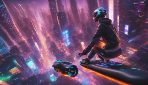 Picture a heart-pounding scene of a futuristic city alive with vibrant neon lights. A skilled rider zips through the bustling streets on a sleek hoverboard, dodging obstacles and weaving between towering skyscrapers. The air is electric with excitement, as holographic advertisements flicker and the sounds of the city pulse in the background. Capture the thrill of motion, speed, and urban adventure, where the rider becomes a blur of color and energy.