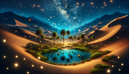 A breathtaking scene of a hidden oasis under a starlit sky, surrounded by towering sand dunes that shimmer in the moonlight. Lush palm trees sway gently near a tranquil, reflective pool of water, creating a serene contrast to the arid landscape. Glowing fireflies dance above the water's surface, illuminating the enchanting atmosphere, while distant mountains provide a majestic backdrop in this mysterious desert haven.