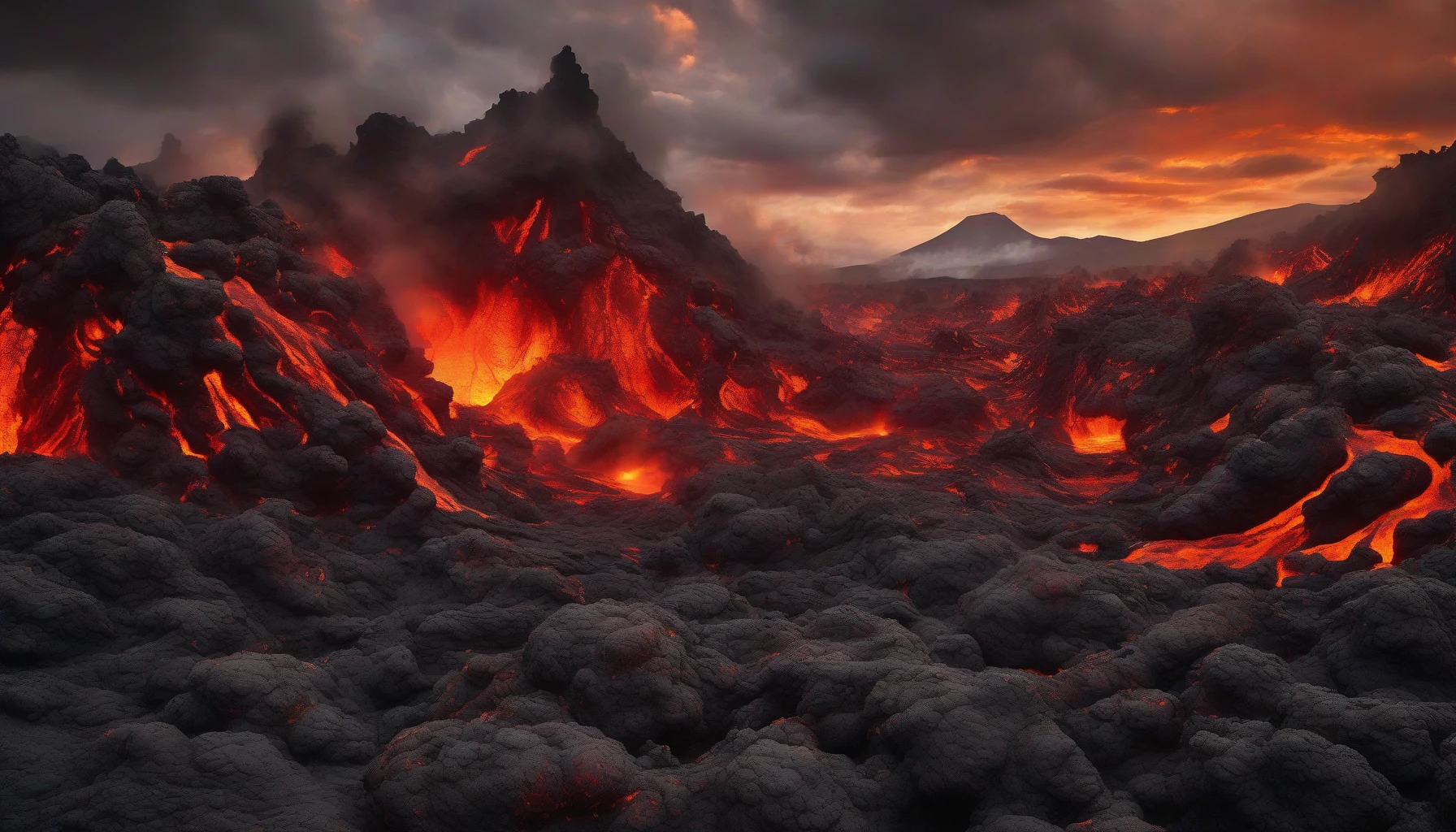 Picture a surreal landscape where molten rivers of lava wind through the rugged terrain of a volcanic world. Fiery red and orange hues flow like liquid fire, contrasting with the dark, jagged rocks of ancient lava formations. The sky is a tumultuous blend of ash-gray clouds, illuminated by bursts of glowing embers, creating an atmosphere both perilous and breathtaking. Witness nature's raw power in this dynamic fusion of fire and earth.