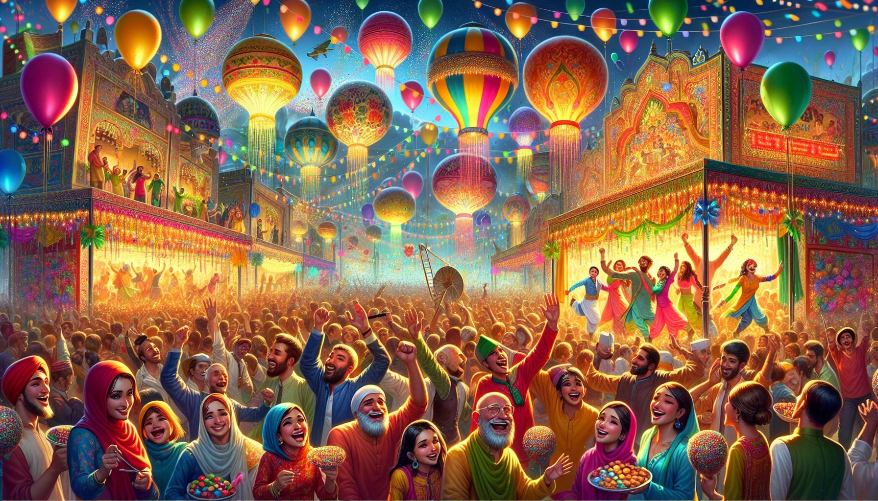 Imagine a vibrant festival scene bursting with life, where colorful balloons dance in the sky above a joyful crowd. People of all ages celebrate together, their faces lit with laughter and excitement. Stalls adorned with bright decorations offer delicious treats, while a lively band plays music that fills the air with infectious energy. The atmosphere radiates warmth and togetherness, capturing a perfect moment of blissful celebration.