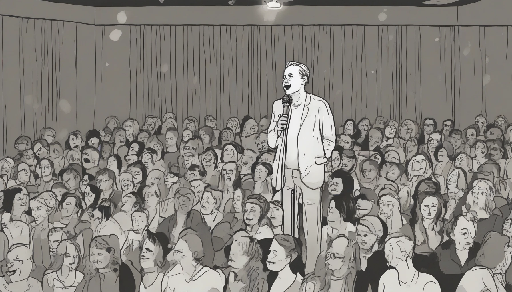 Imagine a dimly lit room filled with tense anticipation, where a solitary figure stands center stage, gripping a microphone. The audience sits in silence, eyes wide, ready for a performance. Suddenly, a nervous laugh escapes the performer, echoing through the space. The expression of sheer anxiety blends with an awkward smile, capturing the tension of vulnerability and the hilarity of human imperfection in a single moment, frozen in time.