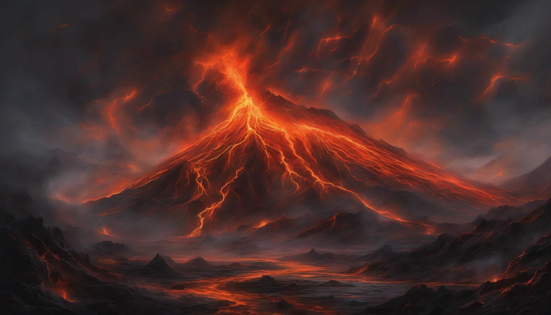 Visualize a dramatic volcanic eruption, where rivers of glowing lava cascade down the mountain's sides, illuminating the dark, smoky sky. Fiery orange and red hues contrast with the deep black of the scorched earth, while molten rock bubbles and splatters, creating a surreal landscape. Ash clouds swirl above, decorated with flashes of lightning, capturing the raw power and beauty of nature's fury in a breathtaking spectacle.