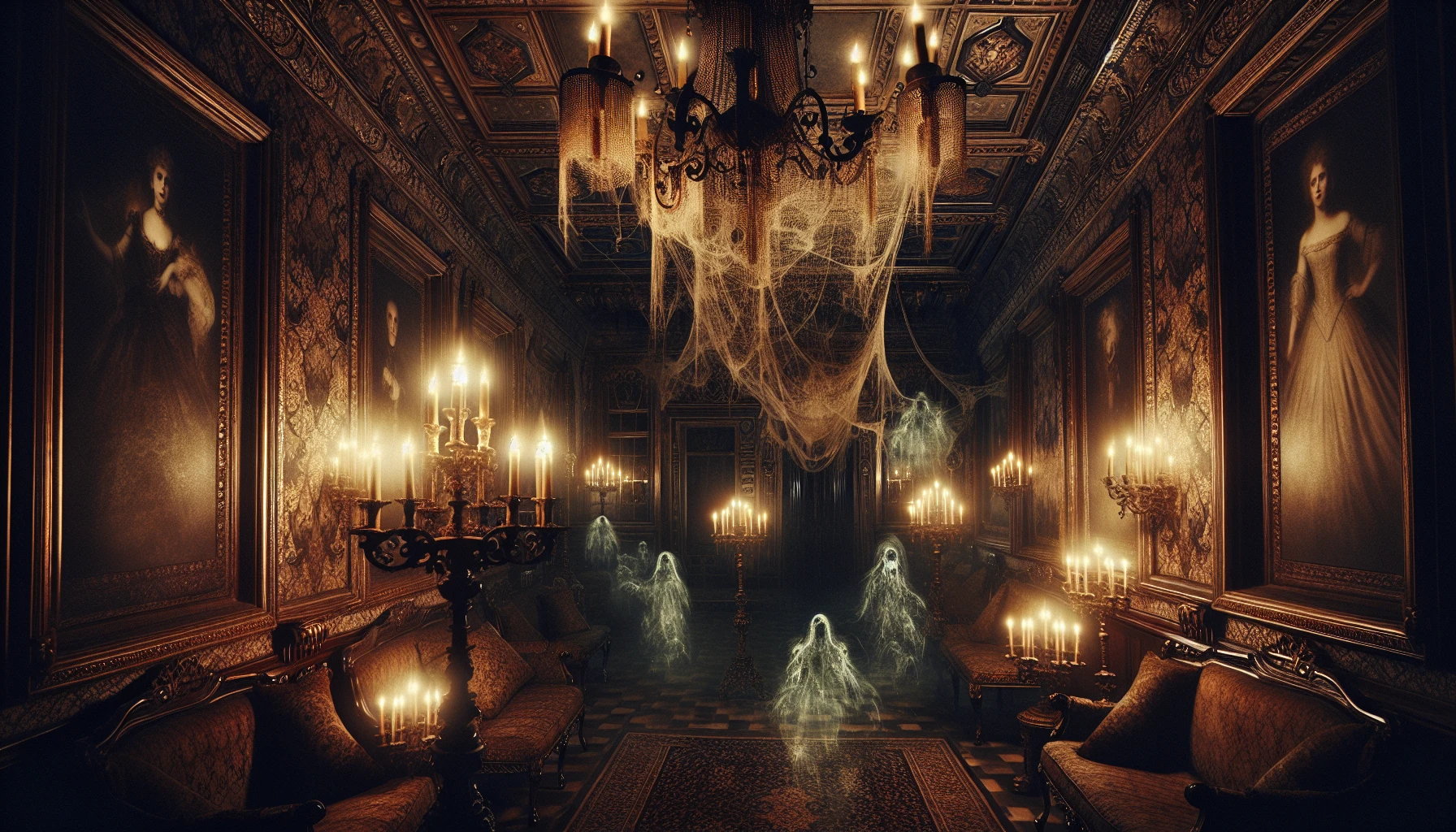 Step into a dimly lit, opulent mansion where shadows dance against the ornate wallpaper, their flickering forms cast by the warm glow of antique candlelight. Elaborate chandeliers hang overhead, adorned with cobwebs, while spectral figures seem to emerge from the very walls. Dust motes swirl in the air, catching the light, as whispers of the past linger, inviting you to explore the secrets hidden within this eerie yet enchanting atmosphere.