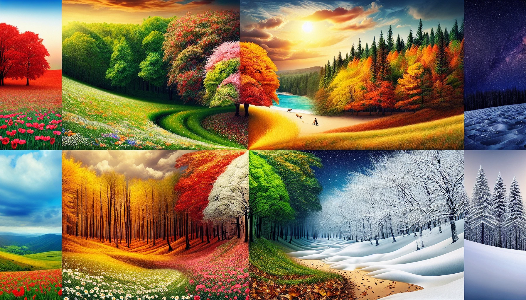 Imagine a vibrant landscape where the essence of all four seasons intertwines in a breathtaking display. Picture a lush green meadow in spring dotted with blooming flowers, seamlessly transitioning into a sun-drenched summer beach with golden sand. As autumn leaves swirl around, they blend into a snowy winter wonderland, creating a magical scene that captures the beauty and contrasts of nature’s cycles in harmony.