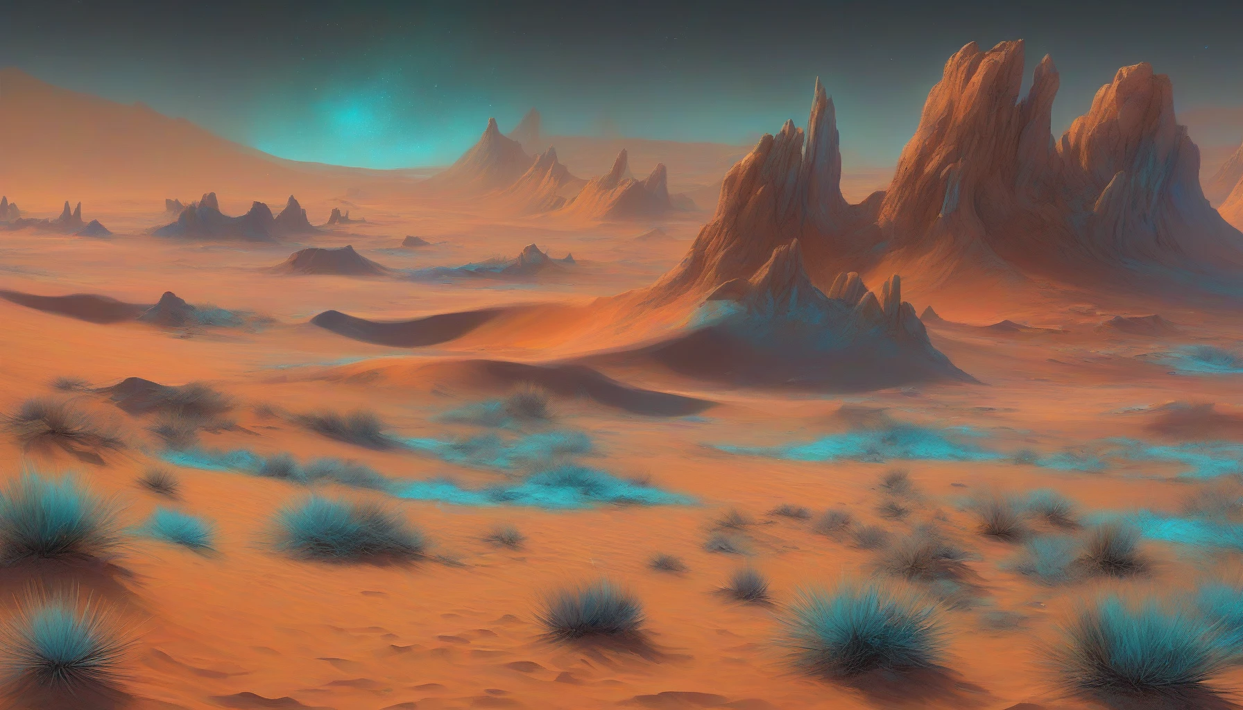 Imagine a vast desert landscape, bathed in hues of orange and teal under a twilight sky, where towering crystalline structures rise majestically from the sand. These ethereal formations shimmer with iridescent colors, reflecting the light of alien moons. Sparse, bizarre vegetation dots the undulating dunes, while distant silhouettes of strange creatures roam. The air shimmers with a mysterious energy, hinting at secrets hidden within this otherworldly oasis.