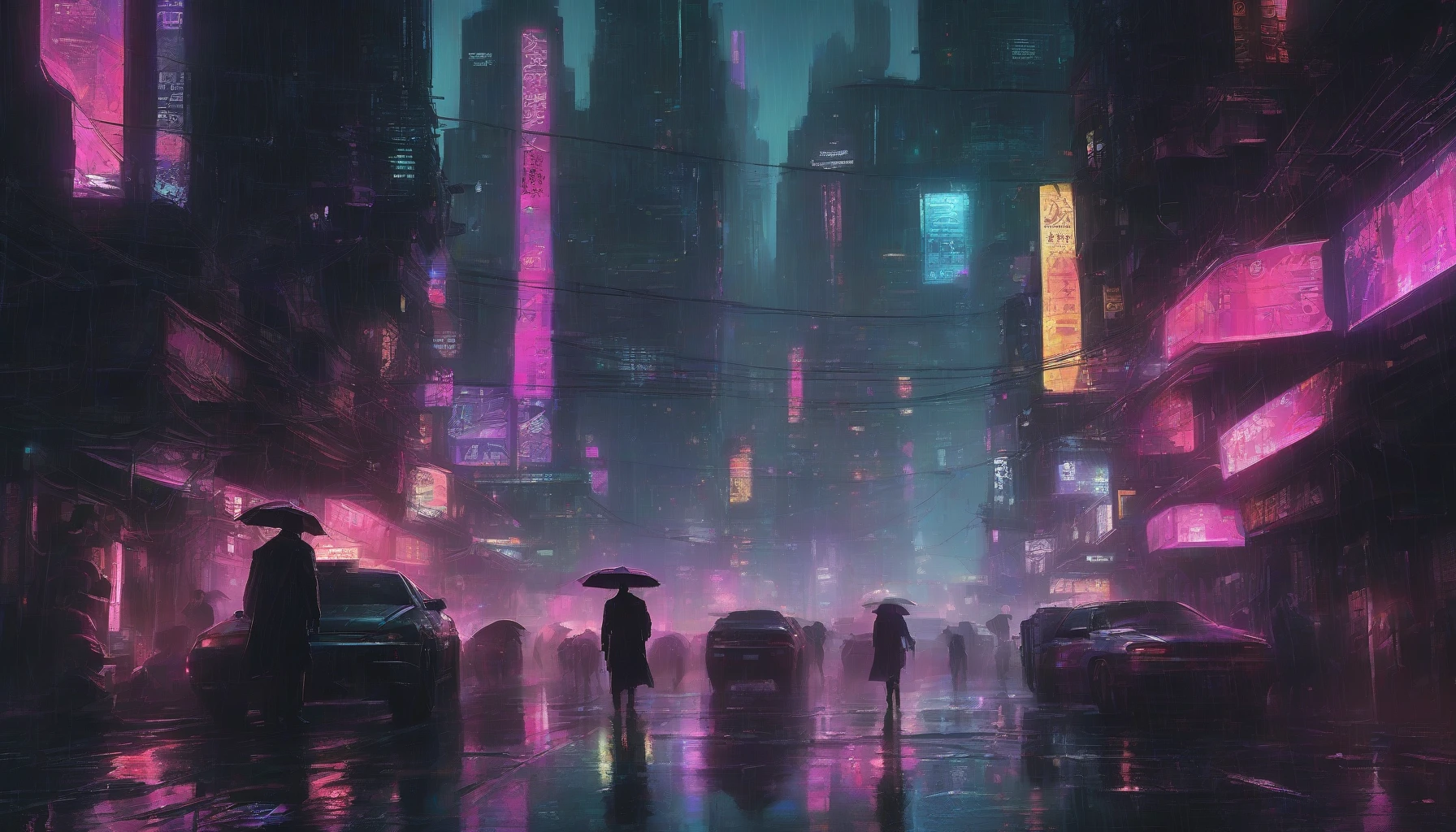 In a sprawling cyberpunk metropolis drenched in neon lights, a clandestine crime syndicate orchestrates a web of deceit and betrayal. Towering skyscrapers loom overhead as rain-slicked streets pulse with the energy of bustling markets and shady alleys. A lone figure, cloaked in darkness, navigates through smoke and shadows, wielding advanced technology to outsmart rivals, while the electric hum of the city amplifies the tension of a high-stakes power struggle.