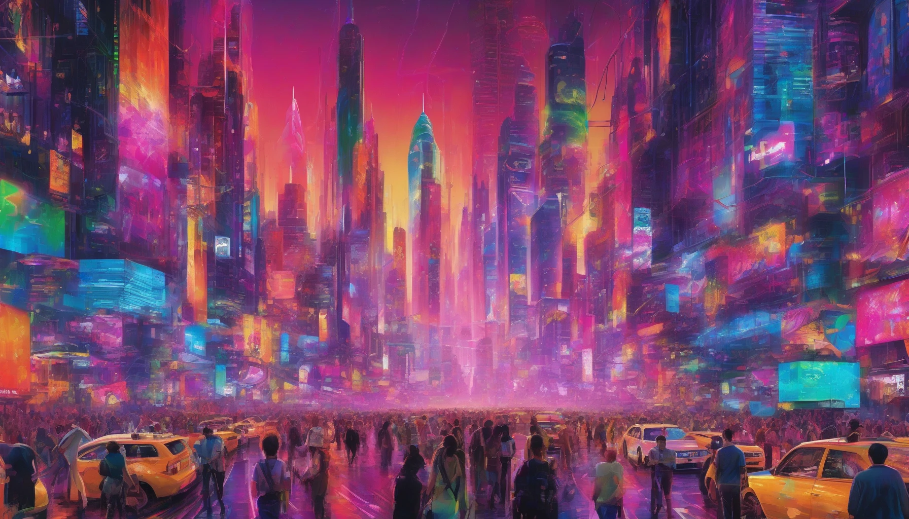 Imagine a sprawling metropolis bathed in vibrant neon hues, where towering skyscrapers stretch into the twilight sky, adorned with pulsing data streams that shimmer like liquid light. Holographic billboards flicker to life, displaying vivid advertisements in an array of colors. Below, bustling streets filled with diverse crowds pulse with energy, while drones zip by overhead, weaving through a tapestry of glowing circuits and electronic marvels.