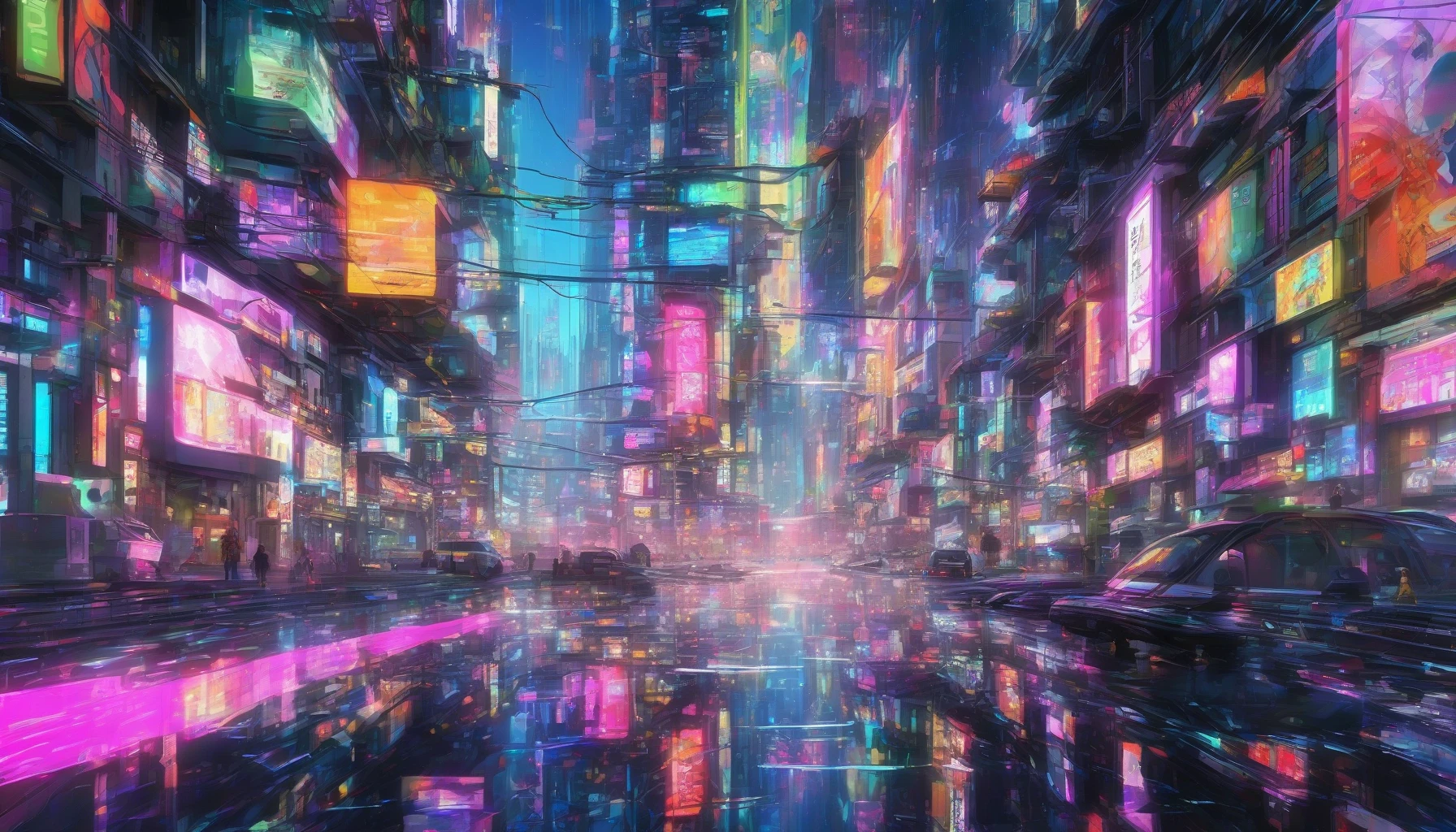 In a dazzling fusion of sci-fi anime aesthetics and vibrant holographic effects, the image portrays a futuristic cityscape bustling with life. Neon lights flicker, casting colorful reflections on sleek, chrome surfaces. Ethereal characters with exaggerated features navigate through the streets, their forms shifting and glowing with digital patterns. Above, a sky filled with floating advertisements and digital avatars creates an enchanting atmosphere, transporting viewers into a mesmerizing world of tomorrow.