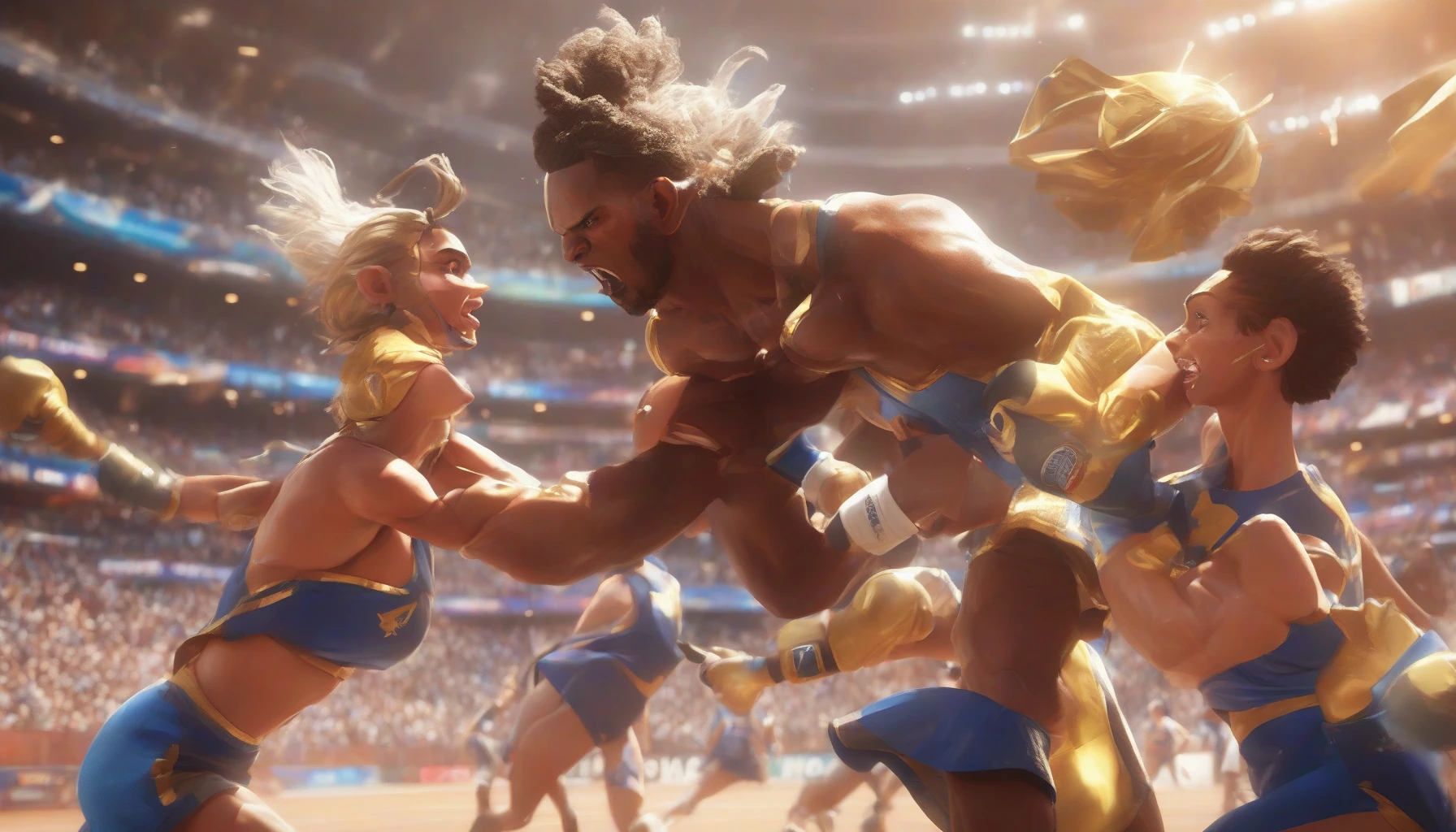 In a pulsating sports arena under a blazing sun, two rival teams clash with electrifying energy. The air crackles with tension as the star players—one a fierce strategist, the other a raw powerhouse—face off. Animated sweat beads glisten on determined brows, while the crowd roars in anticipation. Dynamic poses capture the intensity of their rivalry, showcasing the passion and dedication that fuels their relentless pursuit of victory.