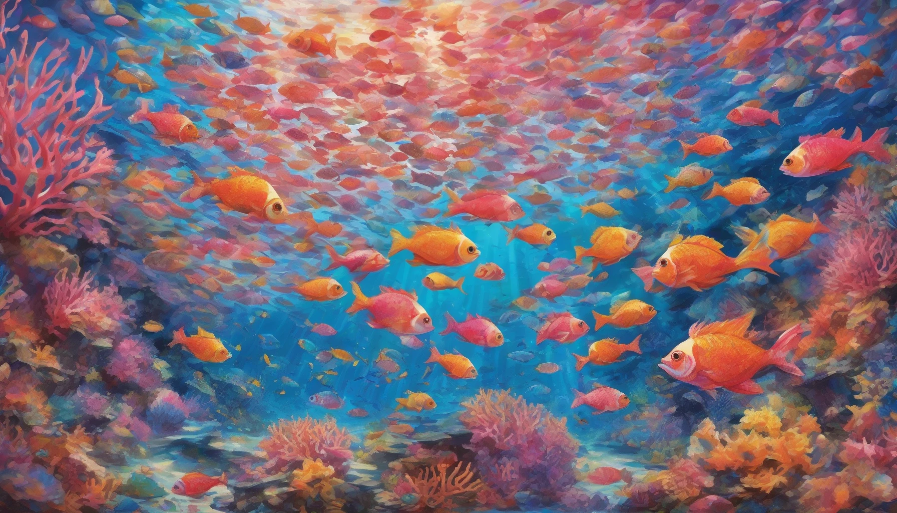 Dive into the vibrant underwater world where a kaleidoscope of colorful fish dance among the lush coral reefs. Sunlight filters through crystal-clear waters, illuminating the rich textures and hues of corals in shades of pink, orange, and blue. Schools of fish weave gracefully through the coral formations, showcasing their iridescent scales while a gentle current sways the scene, creating a mesmerizing underwater ballet.