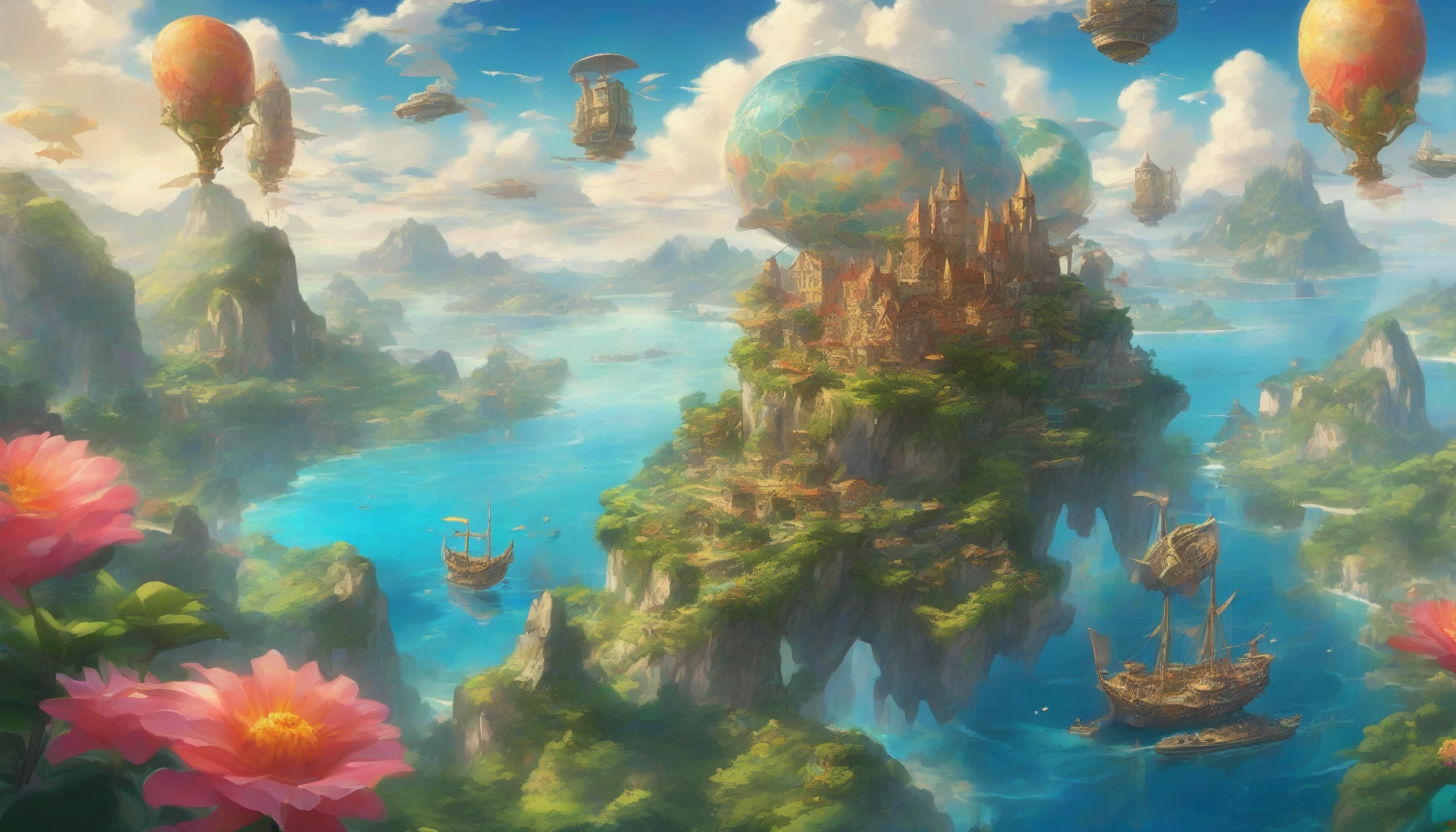 A breathtaking scene unfolds in a vibrant sky dotted with whimsical floating islands, each lush with greenery and vibrant flowers. Majestic airships sail gracefully between the islands, their sails catching the golden sunlight. Below, wispy clouds stretch across the azure expanse, while distant mountains loom majestically. This enchanting world invites the viewer to explore a realm where adventure and fantasy collide in a dance of color and wonder.