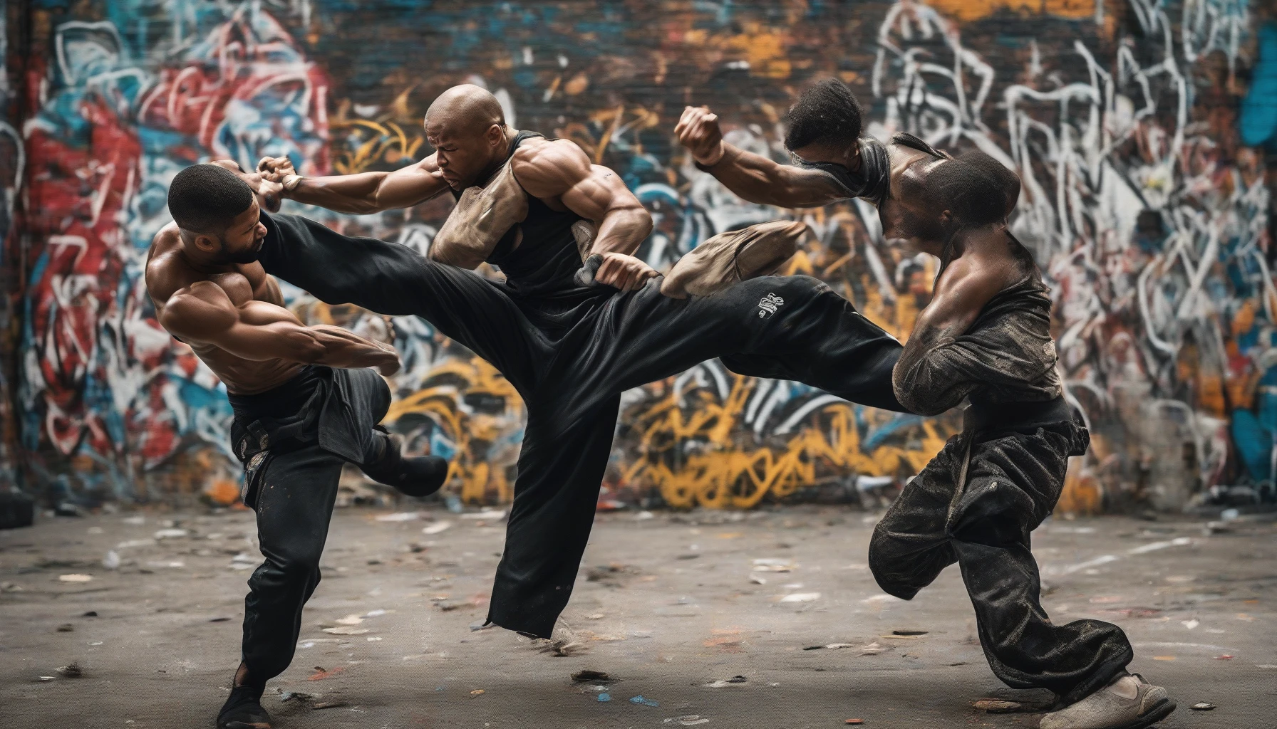 Capture the raw intensity of explosive hand-to-hand combat between two martial artists, each poised in dynamic, fluid poses that convey power and agility. The scene is set in an urban environment, with graffiti-covered walls and scattered debris enhancing the gritty atmosphere. Their expressions are fierce, muscles taut, as they unleash a flurry of strikes, showcasing the artistry and chaos of combat in a vivid, action-packed tableau.