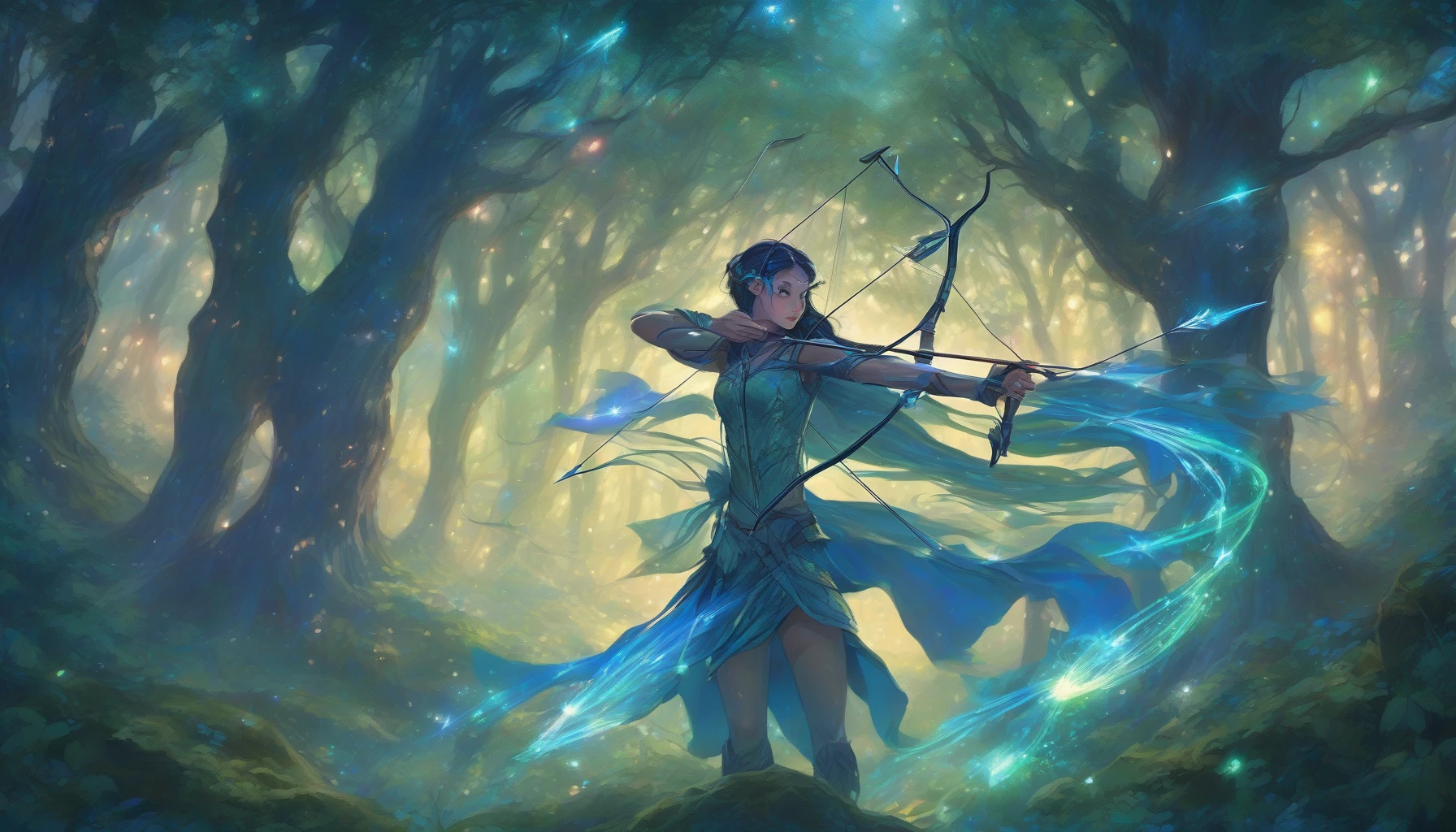 In a mystical forest bathed in twilight, an ethereal archer stands poised, pulling back on a shimmering bow. Each arrow glows with an otherworldly light, radiating hues of blue and green as they burst forth into the air, leaving trails of sparkling energy. The background is alive with ancient trees and twinkling stars, creating a scene where magic and nature intertwine in vibrant harmony.