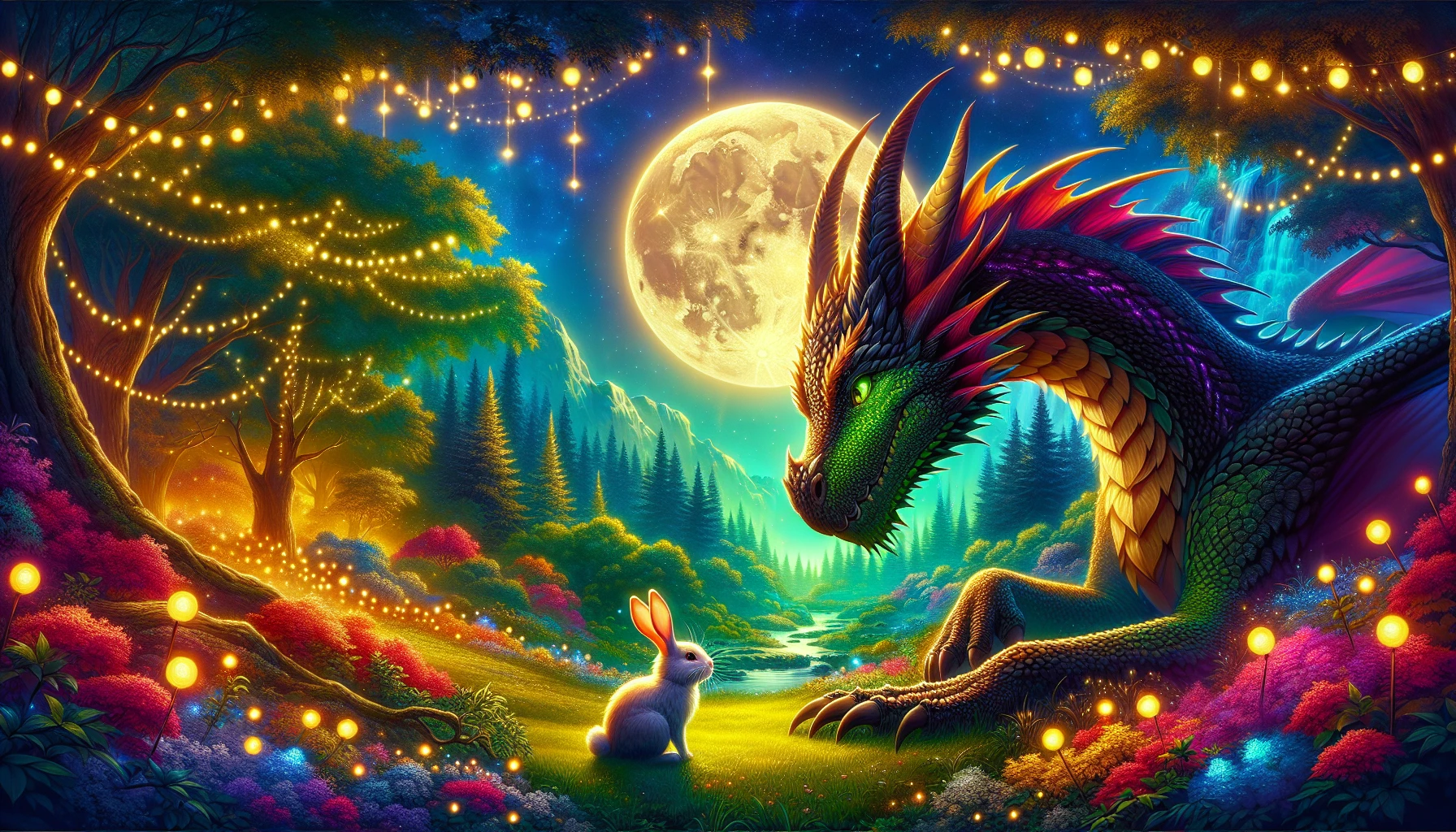 In a vibrant, enchanted forest, a fierce dragon and a timid rabbit find common ground amidst a backdrop of lush greenery and shimmering fairy lights. A brilliant moonlight bathes them in a soft glow as they share a moment of understanding, their eyes reflecting mutual respect. The dragon, majestic and scaled, curls protectively around the rabbit, symbolizing the beauty of friendship forged in unexpected places.