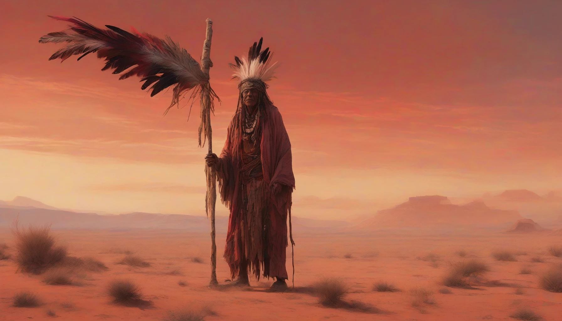 In a vast, arid desert under a blood-red sky, a mystical shaman stands tall, draped in tattered robes that whisper tales of forgotten rituals. Ancient symbols are carved into his weathered staff, while vibrant feathers sway gently in the dry breeze. Cracked earth stretches endlessly around him, dotted with remnants of a lost civilization, as he channels the spirits of the land to restore balance amidst chaos.