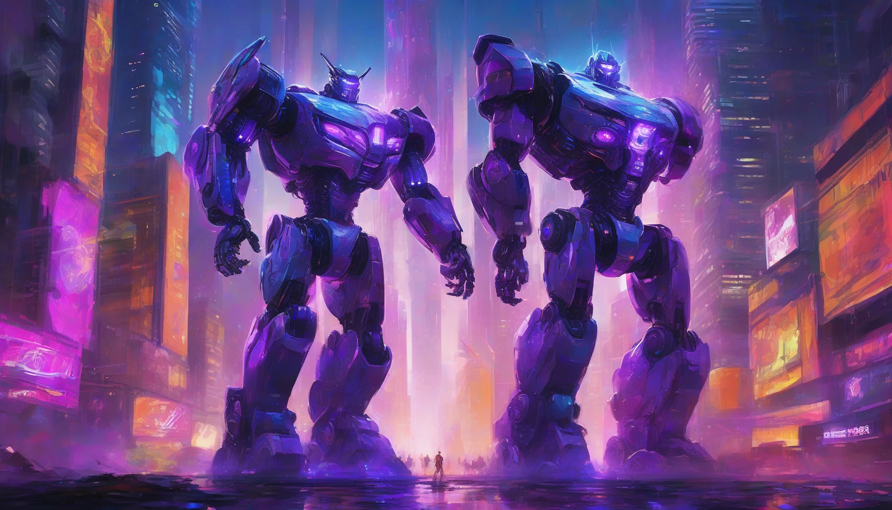 In a futuristic cityscape, a colossal robot towers above surrounding skyscrapers, its metallic frame gleaming under the brilliant neon lights. With a fierce expression, it channels a swirling vortex of power, releasing a massive energy beam that pierces the night sky. The vibrant hues of blue and purple radiate from the beam, illuminating the chaos below as onlookers gaze in awe, caught between fear and wonder.