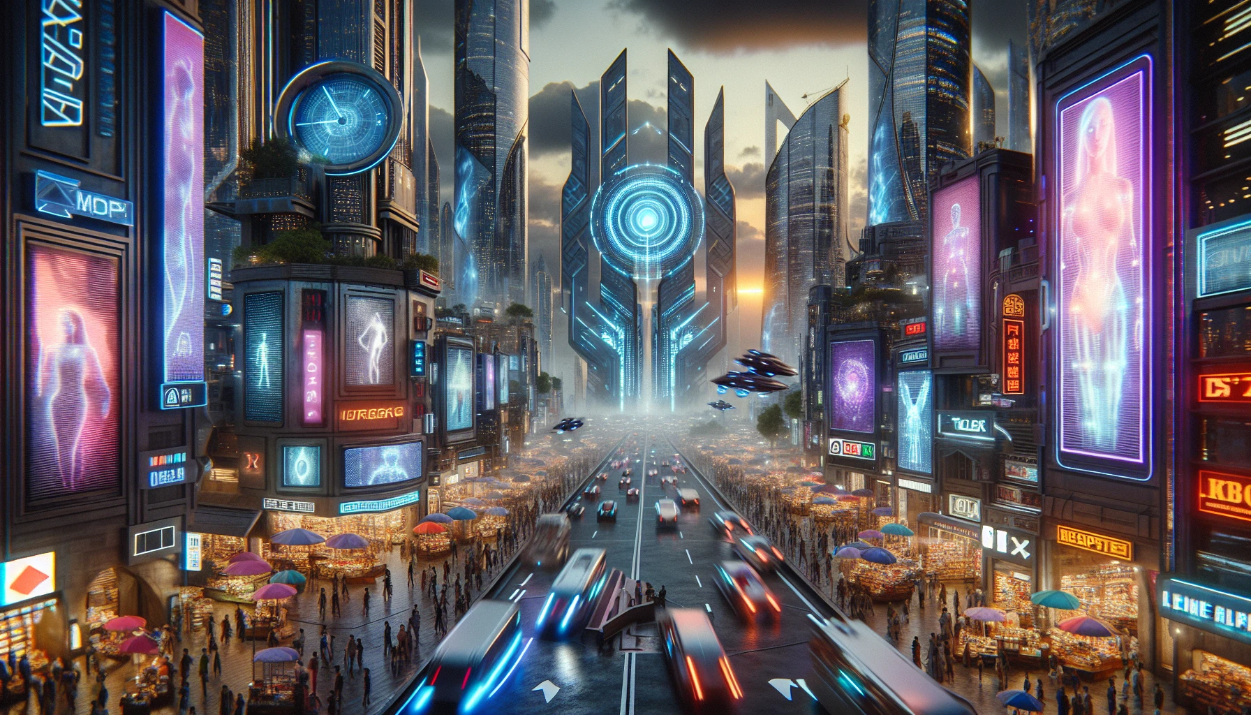 Imagine a sprawling metropolis under a dusky sky, where sleek, towering skyscrapers gleam with holographic advertisements and neon lights. Hovering vehicles zip through the air, and vibrant street markets pulse with life below. A colossal, digital clock counts down to an impending event, while diverse citizens clad in cybernetic enhancements navigate the bustling streets. The atmosphere is electric, blending the promise of advanced technology with the thrill of urban adventure.