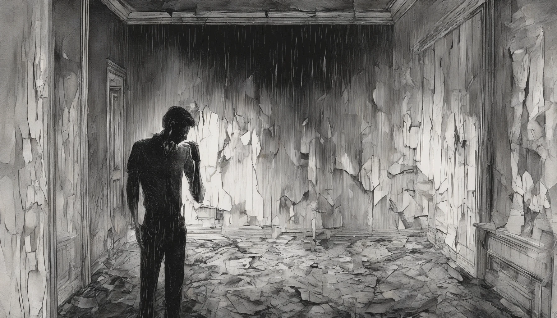 Capture the moment when trust shatters, depicting a figure standing in a dimly lit room, eyes wide with disbelief. Shadows play across their face, highlighting the deep furrows of shock and despair. In the background, a broken mirror reflects fragmented memories, hinting at a once-solid bond now fractured. The atmosphere is thick with tension, as the air crackles with unspoken words and unresolved emotions.