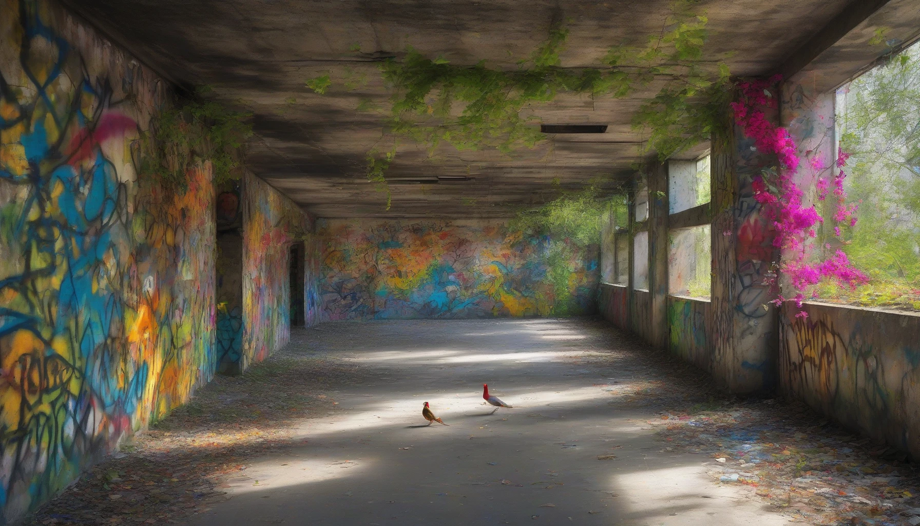 In a forgotten subway tunnel, nature reclaims its territory. Vines creep along the rusted metal beams, while colorful wildflowers burst through the cracks in the concrete. Exotic birds and small mammals thrive in this unexpected oasis, their vibrant colors contrasting against the muted grays of old graffiti. Sunlight filters through broken ceilings, illuminating the scene in a dance of shadow and light, showcasing the resilience of life amidst urban decay.