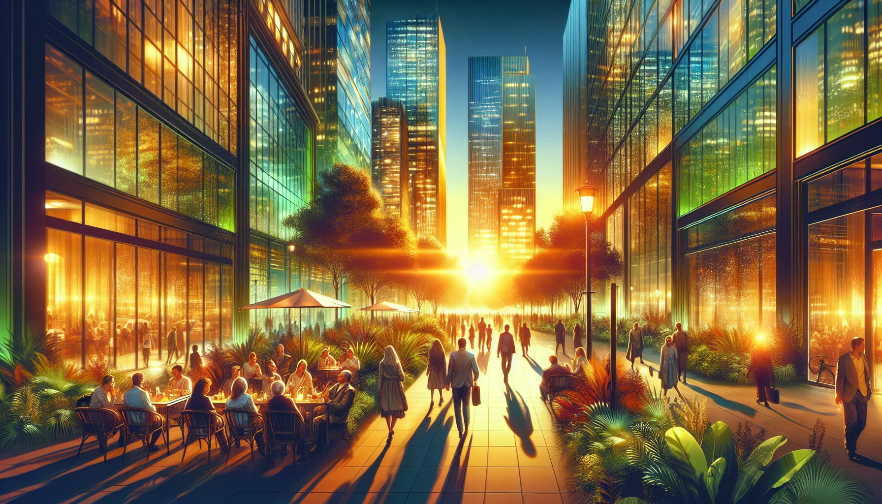 Capture a bustling cityscape at dusk, where the golden hues of the setting sun reflect off the glass skyscrapers. People in the foreground engage in their evening routines—some sitting at outdoor cafés, others strolling along the sidewalk. Lush trees line the streets, adding a touch of nature to the urban environment. The scene is alive with the soft glow of streetlights, creating a warm, inviting atmosphere amidst the urban hustle.