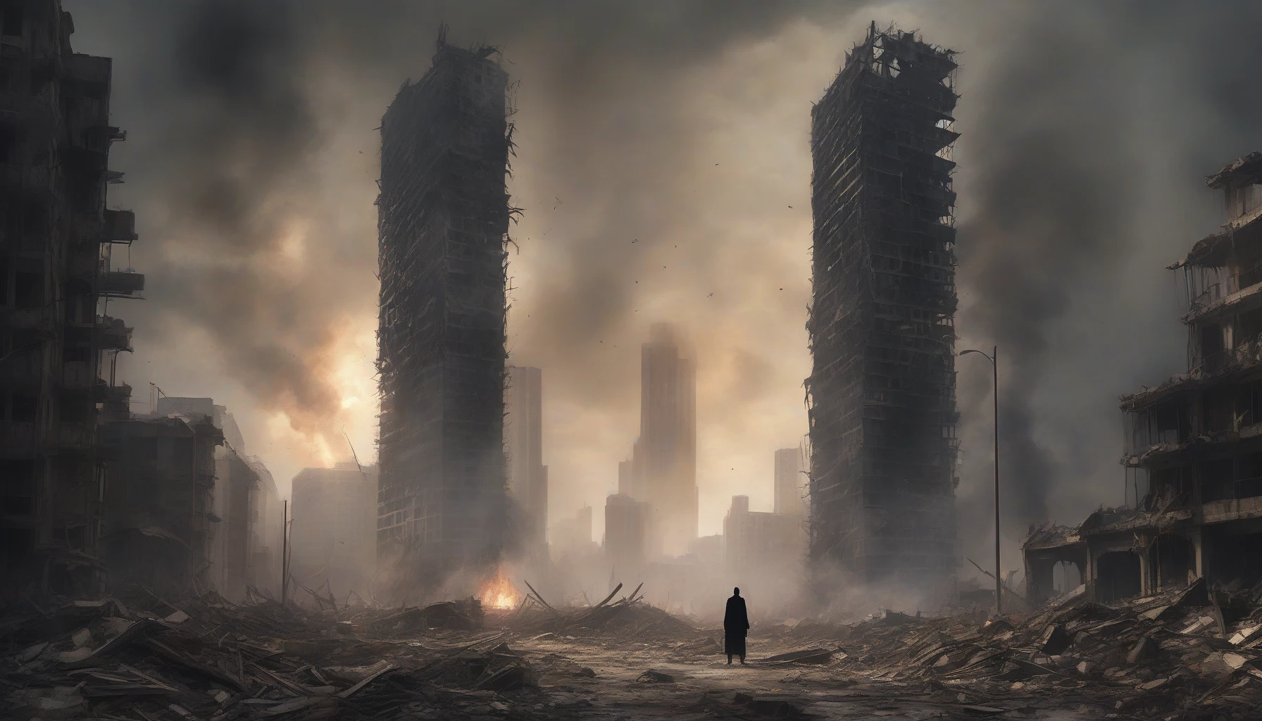 In a haunting urban landscape, a colossal skyscraper lies in ruins, its steel frame twisted and shattered from a recent airstrike. Smoke rises from the debris, mingling with the blaze of nearby fires, illuminating the desolation. Surrounding rubble casts long shadows under a bleak, overcast sky. A lone figure stands in the foreground, silhouetted against the chaos, embodying the resilience of humanity amid the silent wreckage of once-thriving architecture.