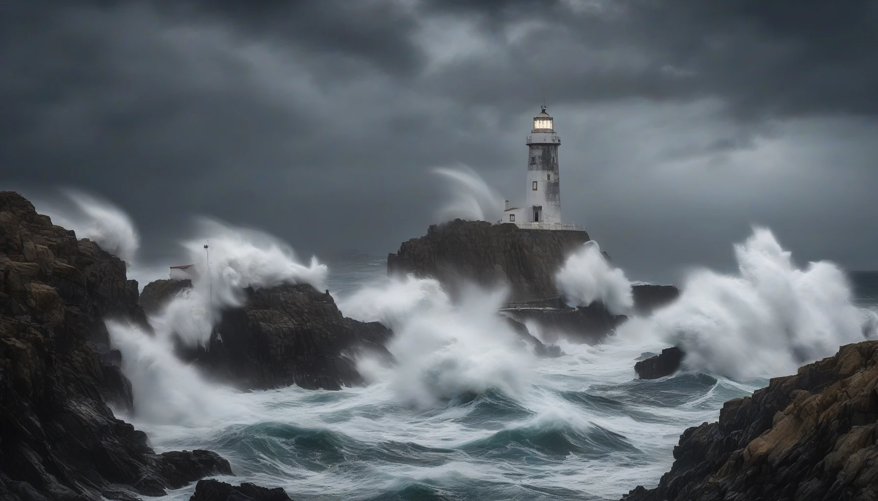 Capture the fierce energy of a stormy sea, where towering waves crash against rugged cliffs, sending sprays of white foam into the air. In the distance, a sturdy lighthouse stands brave against the elements, its light cutting through the dark clouds and illuminating the turbulent waters below. The sky roils with shades of gray and blue, creating a dramatic backdrop for this tumultuous seascape.