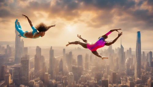 Capture the exhilarating moment of a skilled gymnast soaring through the air, executing a flawless acrobatic flip. The sunlight glints off their vibrant costume, highlighting their athletic physique and determination. Below, a captivated audience gasps in awe, while the backdrop features a stunning city skyline. The scene radiates energy and excitement, emphasizing the beauty and grace of human movement in an urban setting.