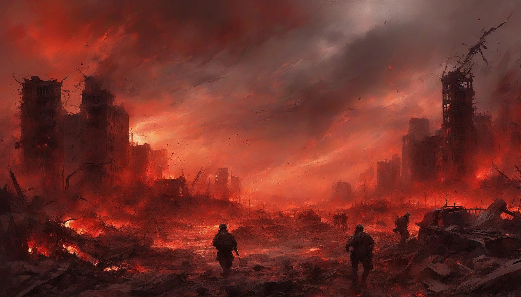 Imagine a war-torn battlefield under a haunting red sky, where the remnants of destruction contrast sharply with the ominous glow above. Jagged silhouettes of shattered buildings loom in the foreground, while swirling clouds of crimson and orange reflect the fiery chaos of combat. Flickering flames and billowing smoke create a dramatic backdrop, revealing the stark reality of war and the resilience of the human spirit amidst the desolation.