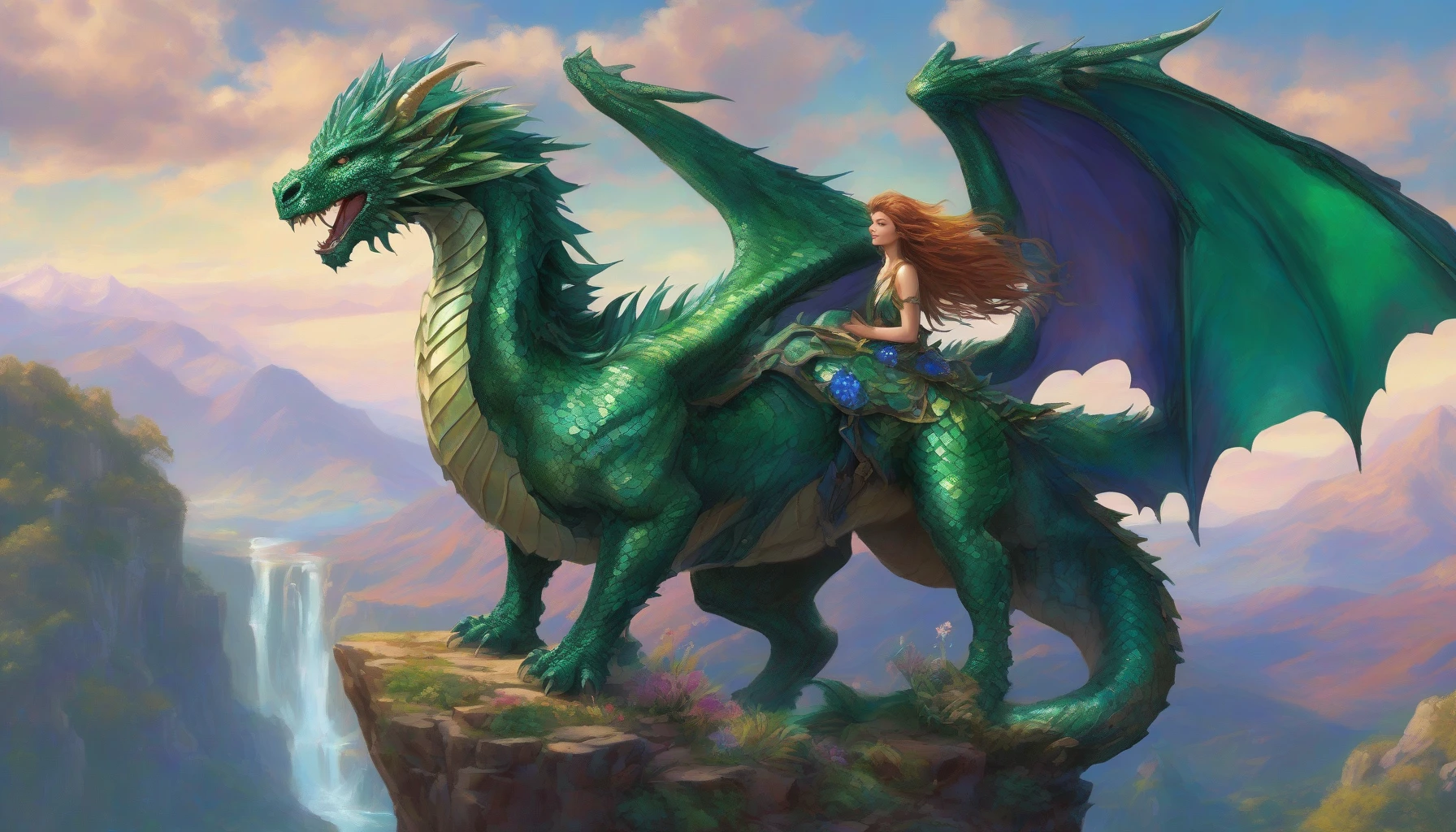 Imagine a fearless beast tamer, clad in rugged leather armor, standing atop a rocky cliff. Beside her, a majestic dragon unfurls its iridescent wings, shimmering in hues of emerald and sapphire. The wind tousles their hair and scales as they survey a breathtaking valley below, filled with vibrant flora and fauna. Together, they embody the perfect bond of courage, loyalty, and the untamed spirit of adventure.