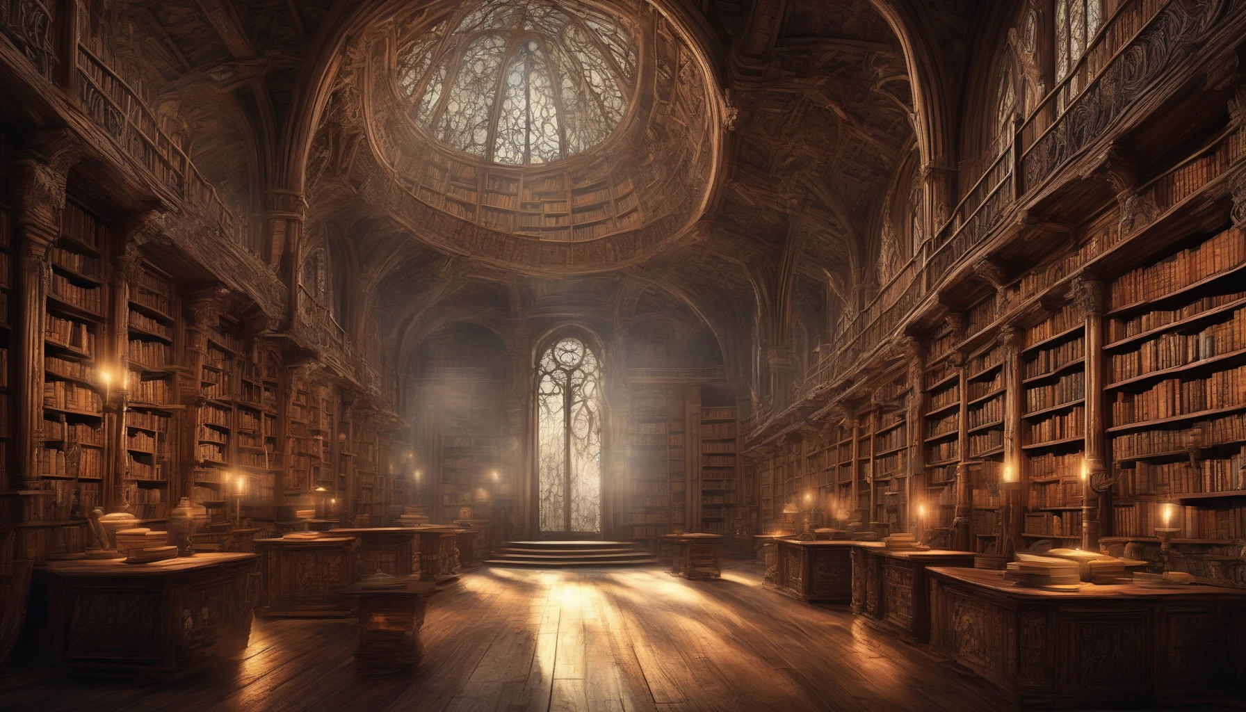 Imagine an ancient library cloaked in shadows, where books float gracefully amidst the dusty shelves. Each tome, glowing with an ethereal light, hovers just above the mahogany tables covered in scrolls and quills. Tall, arched windows let in beams of moonlight, illuminating the intricate carvings on wooden beams. Whispers of forgotten knowledge fill the air, inviting the curious to explore this enchanting realm of wisdom.