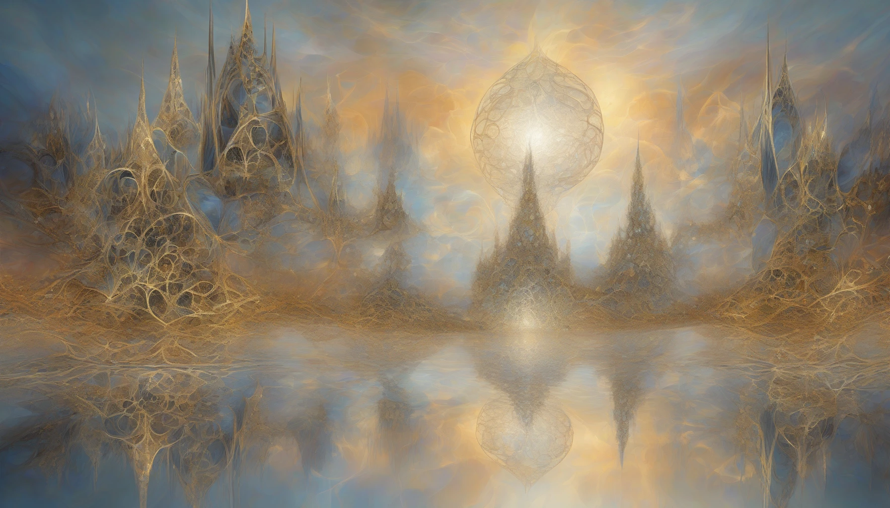 Visualize a stunning landscape where shimmering metallic fractals rise from the ground like a sprawling city of light. Each intricate design reflects vibrant hues of silver, gold, and bronze, interweaving with ethereal wisps of mist. The scene is alive with movement, as fractal forms pulsate rhythmically, casting enchanting reflections on a tranquil lake. Above, a twilight sky deepens into rich indigo, augmenting the surreal beauty of this metallic utopia.