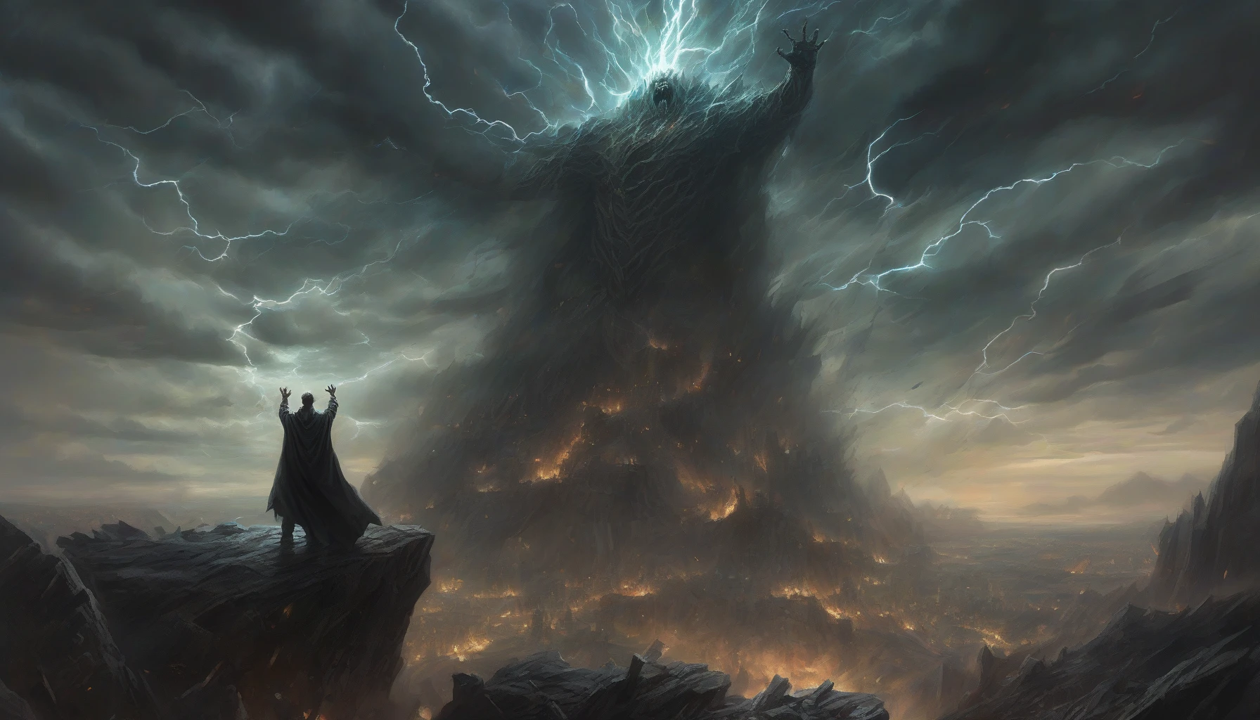 Depict a sinister, towering villain standing atop a jagged cliff, arms raised in triumph as he unleashes a colossal shockwave rippling through the landscape. The sky darkens, swirling with ominous storm clouds, while townsfolk below scatter in panic. Debris whirls around him, caught in the relentless vortex of energy, illuminating the scene with flashes of electric blue and ominous purple, capturing the sheer magnitude of his destructive power.