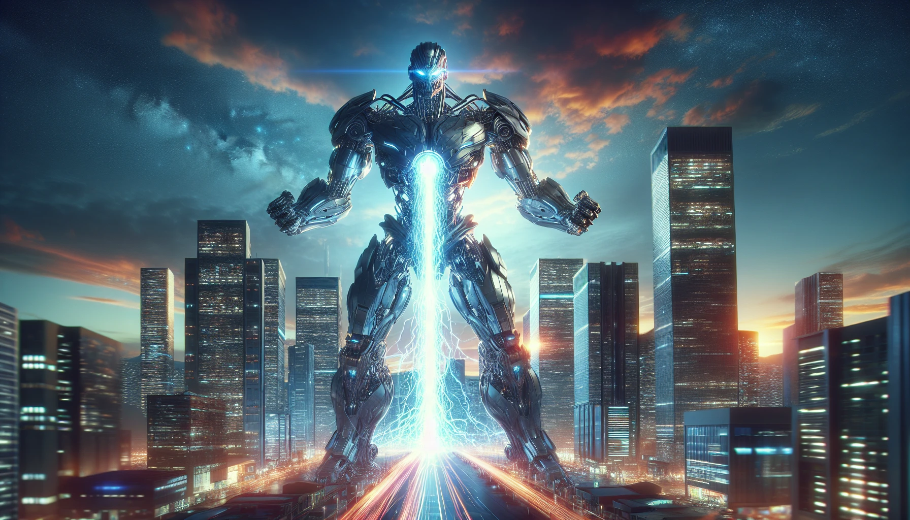 In a futuristic cityscape, a colossal robot towers over skyscrapers, its metallic surface glinting in the neon glow of twilight. With a menacing pose, it channels raw energy into a brilliant beam of shimmering light, illuminating the darkened streets below. The air crackles with power as the beam erupts from its outstretched arm, creating a stunning visual spectacle against a backdrop of swirling clouds and distant explosions.