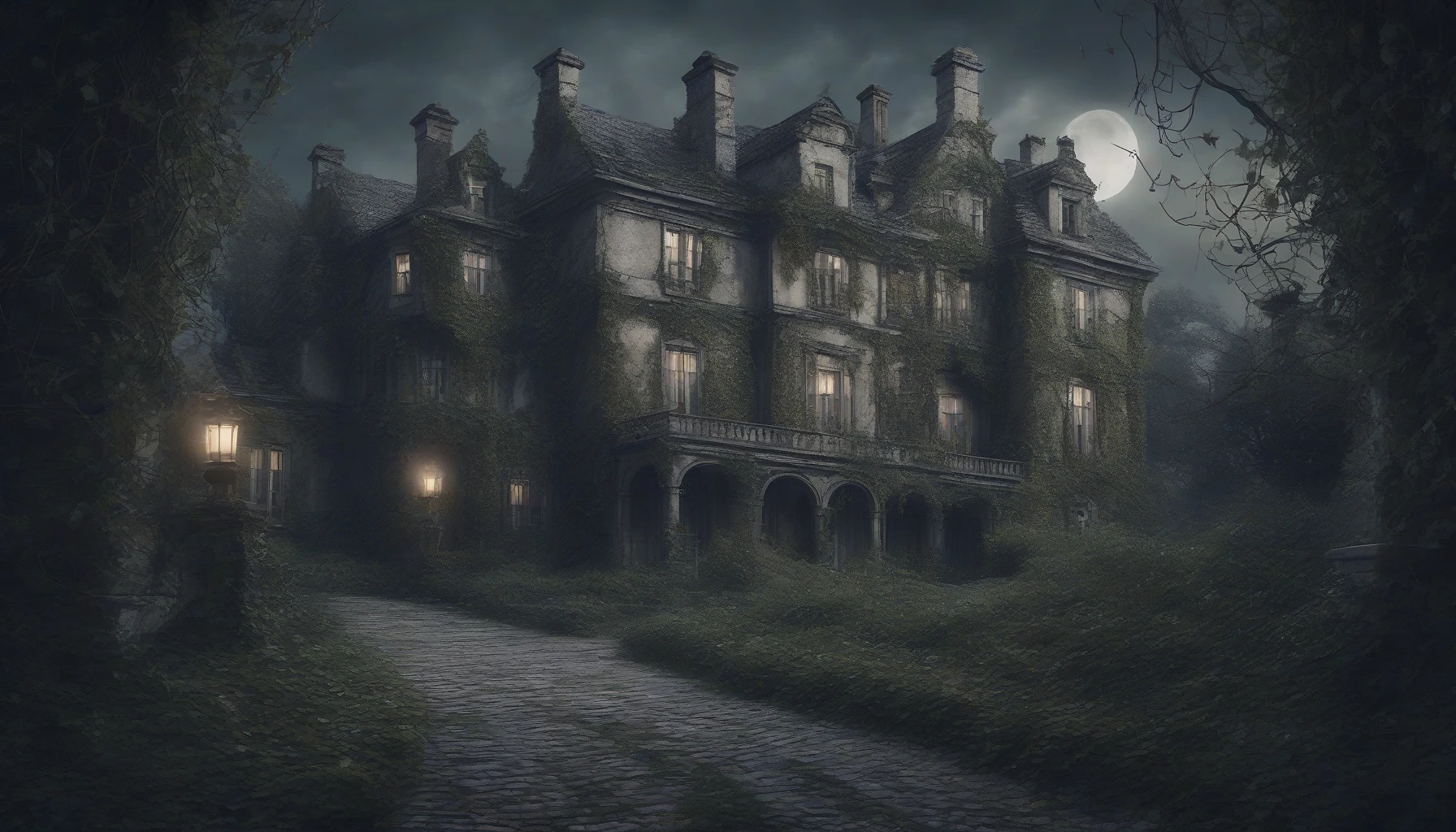 Step into a chilling yet captivating scene where an eerie mansion looms under a starless sky. Flickering candlelight spills from cracked windows, casting ghostly shadows on the cobblestone path. The air is thick with an unsettling stillness, broken only by the distant howl of the wind. Overgrown ivy clings to the weathered walls, and the faint outline of an ancient, decaying gate beckons the curious to explore its haunted secrets.