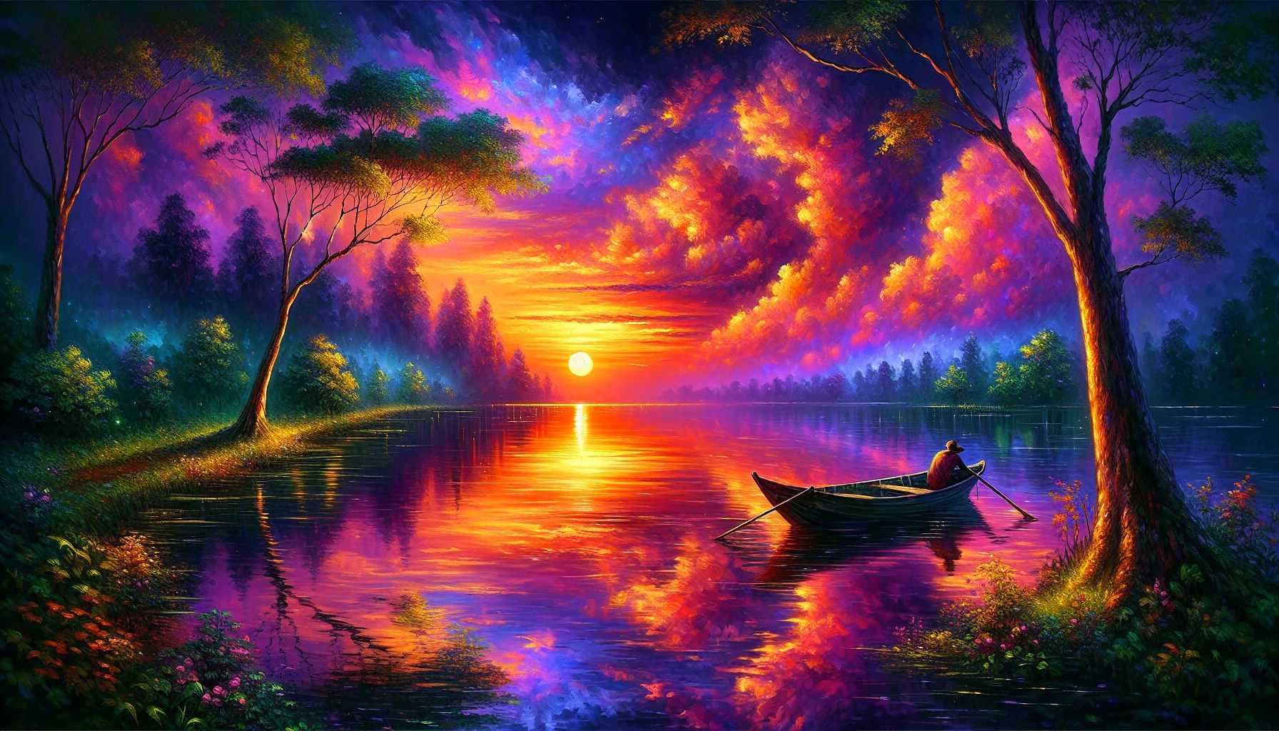 Create a breathtaking scene of a tranquil lakeside at sunset, infused with the soft brush strokes characteristic of Impressionism. The sky is a blend of vibrant oranges, pinks, and purples, reflecting on the water's surface, while lush greenery surrounds the water’s edge. A small rowboat drifts lazily, its occupants lost in the moment, embodying a sense of peace and connection with nature amidst the beauty of twilight.