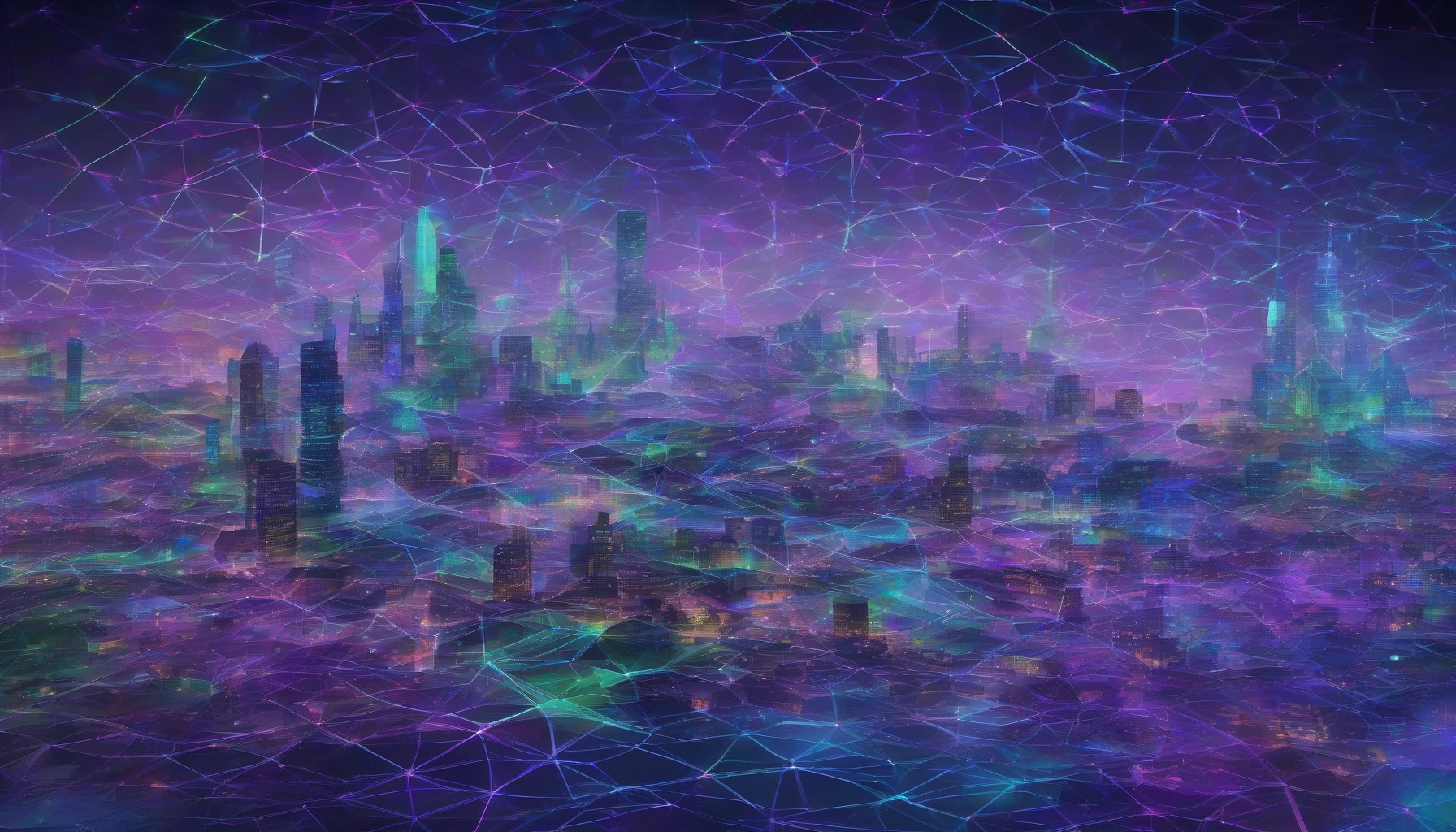 Visualize a dynamic grid of holographic data streams, intertwining in vibrant colors of blue, green, and purple. Each stream pulsates with energy, showcasing intricate geometric patterns and digital symbols that represent the flow of information. The backdrop is a sleek, futuristic city skyline, bathed in twilight, where the glowing data overlaps with skyline reflections, creating an immersive, tech-inspired atmosphere that captures the essence of a digital age.