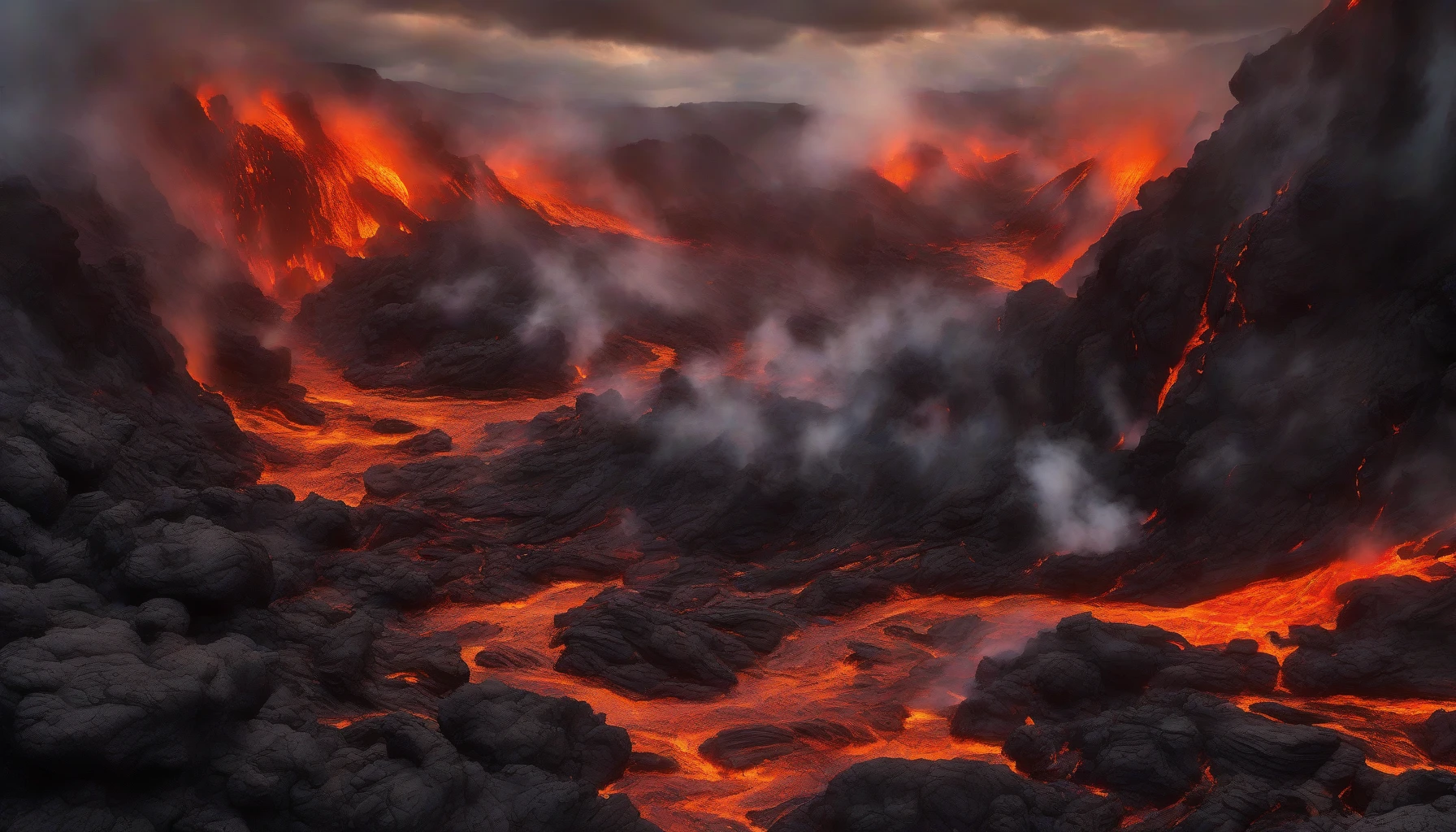 Imagine a dramatic scene where rivers of fiery lava flow through rugged volcanic terrain. Towering basalt cliffs frame the molten streams, illuminating the dark sky with a fiery glow. Churning clouds of ash rise in the background, contrasting against the vivid orange and red hues of the lava. Scattered patches of hardened black rock glisten, while the air shimmers with heat, creating a breathtaking spectacle of nature's raw power.