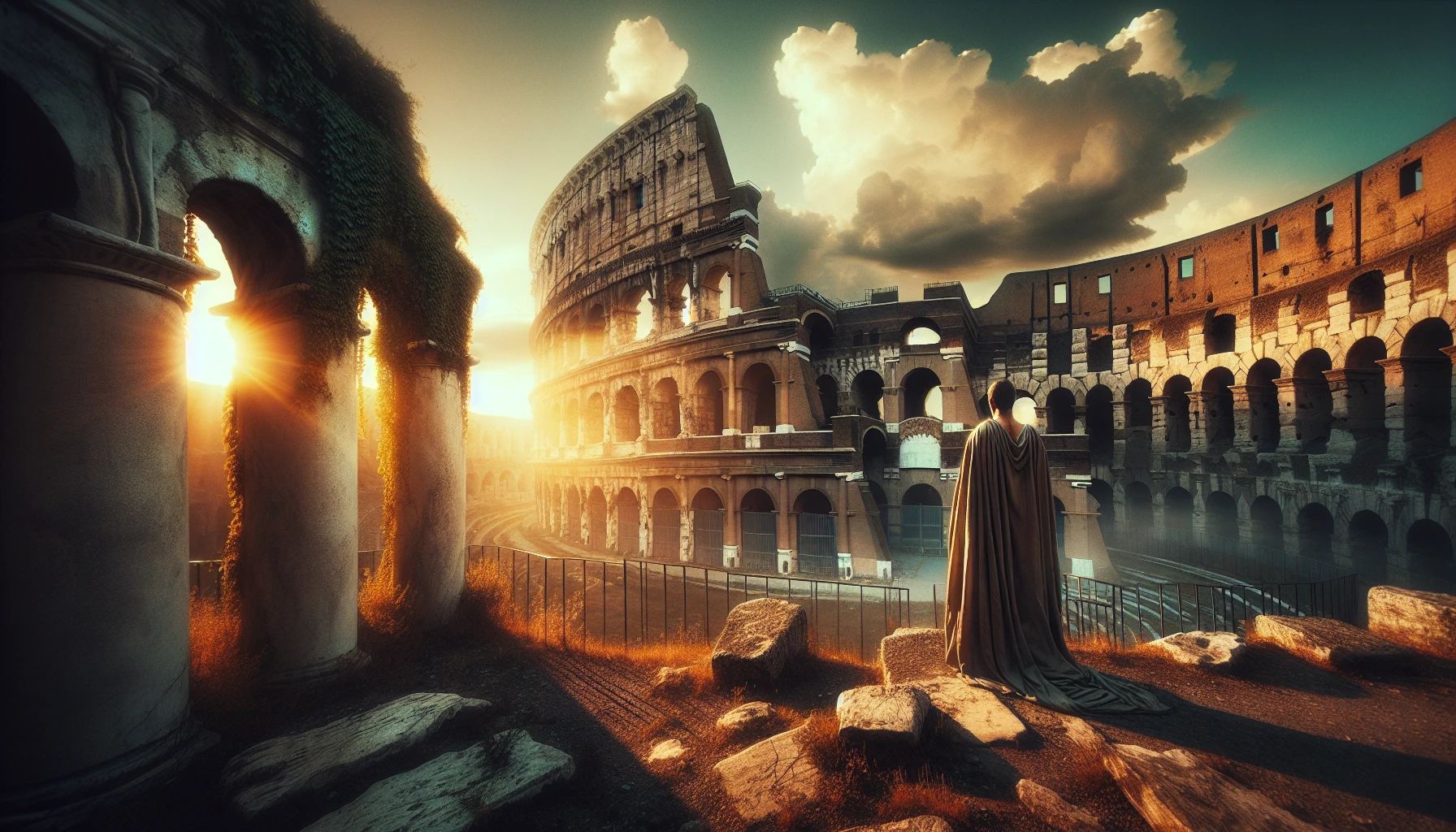 Imagine a grand, crumbling stone amphitheater, bathed in the golden glow of a setting sun. Ivy clings to its weathered walls, telling stories of forgotten gladiators. A gentle breeze carries whispers of history through the air, while clouds drift lazily overhead, casting shadows on the ancient stones. In the foreground, a lone figure dressed in a flowing toga gazes thoughtfully at the captivating ruins, embodying the spirit of an age long past.