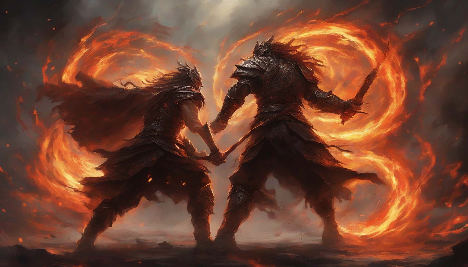 In a dimly lit arena, two formidable warriors stand face to face, their fiery stares piercing through the tension. The atmosphere crackles with electric energy as their unwavering gazes lock, revealing a deep-seated rivalry. Shadows dance around them, highlighting their fierce expressions and poised stances. The backdrop is a swirling tempest of fire and smoke, symbolizing the chaotic intensity of their struggle for dominance.