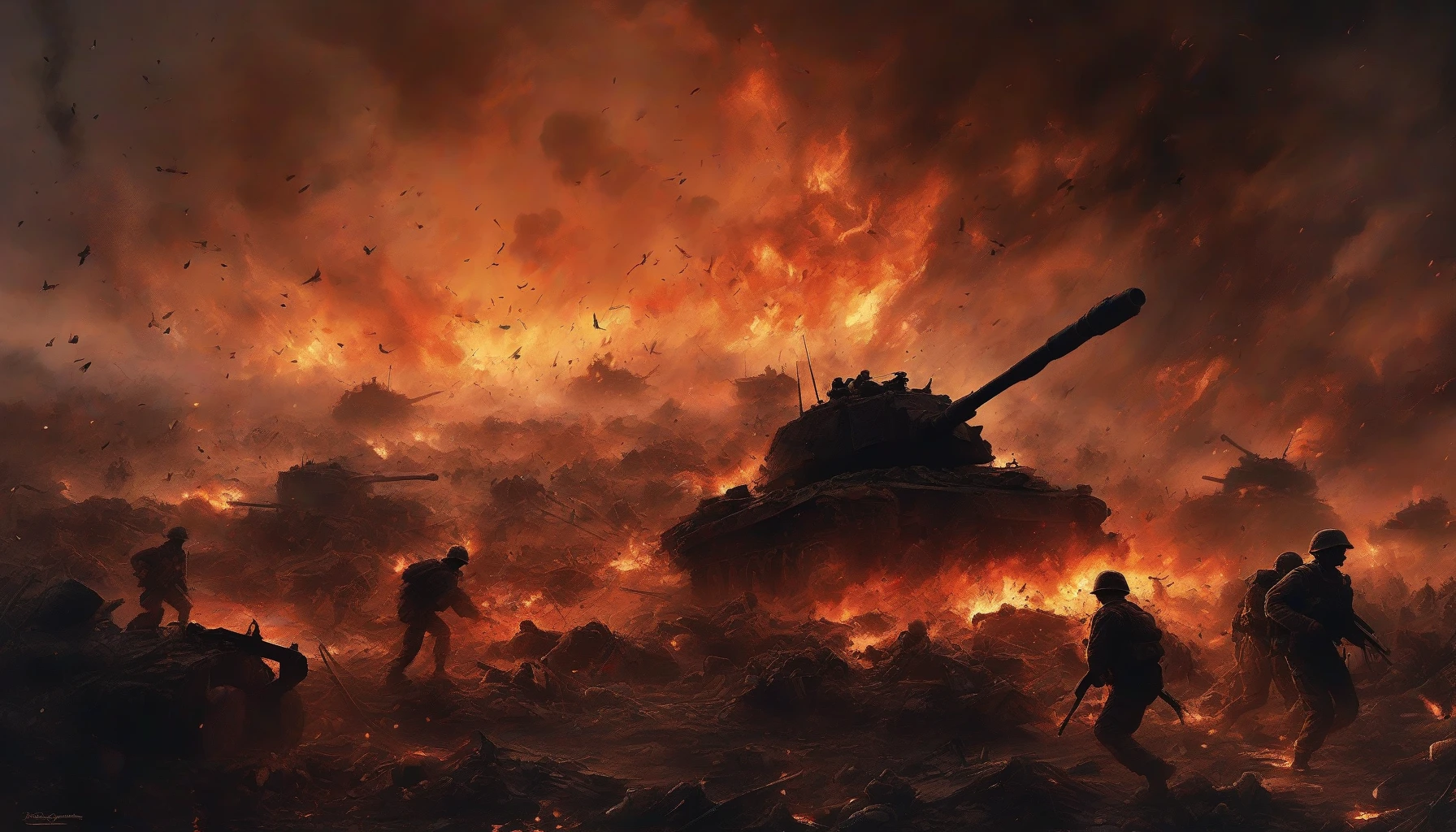 A colossal explosion erupts across a war-torn landscape, illuminating the darkened sky with a fiery glow. Debris flies through the air as soldiers scramble for cover amidst the chaos. Thick smoke billows, twisting around shattered tanks, while the ground trembles under the force of the blast. The ominous silhouettes of warriors, silhouetted against the blazing backdrop, convey the raw intensity of battle, capturing the essence of conflict and survival.